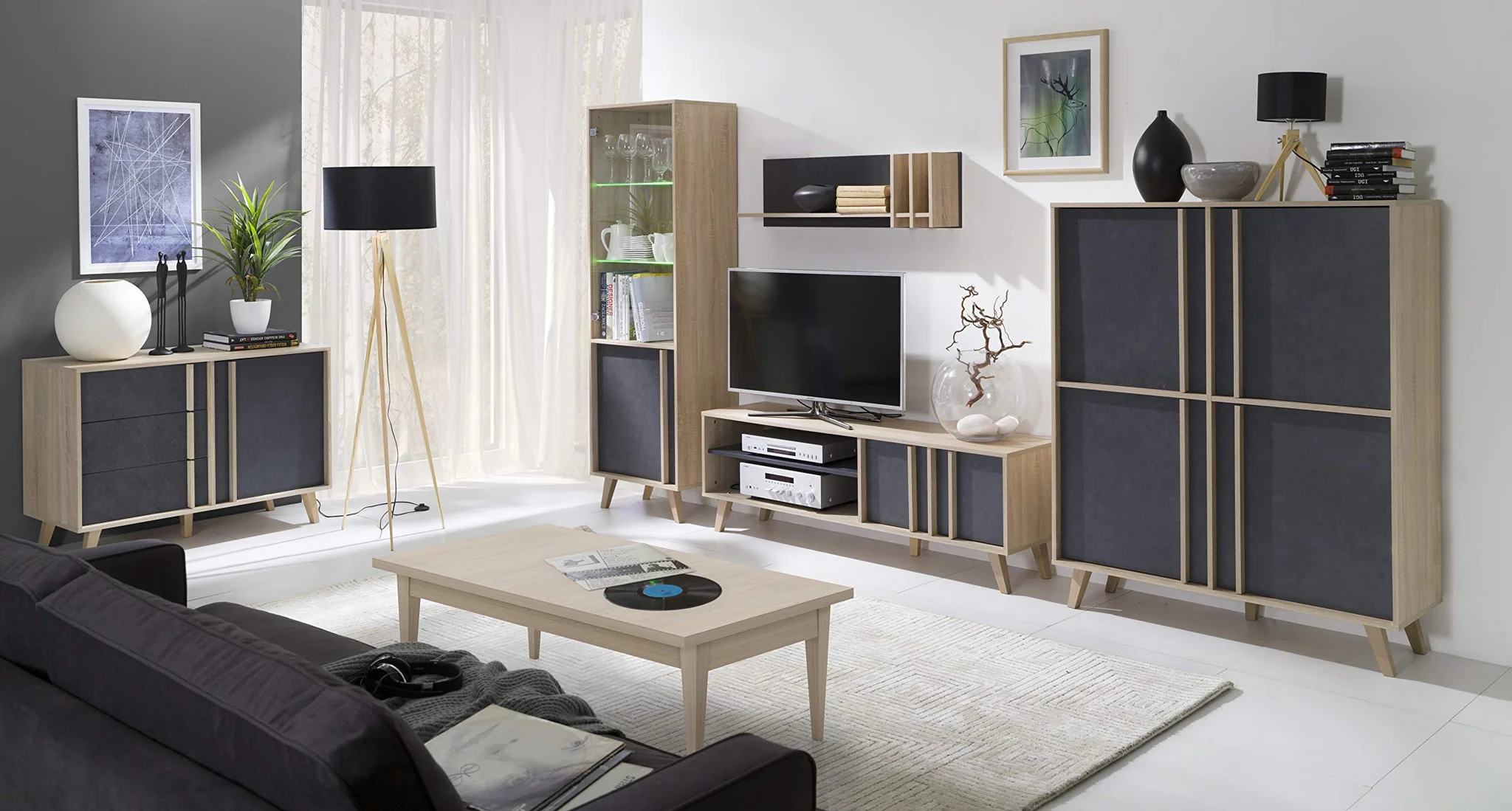 Scandinavian Living Room Furniture Set – Oak Sonoma & Dark Grey