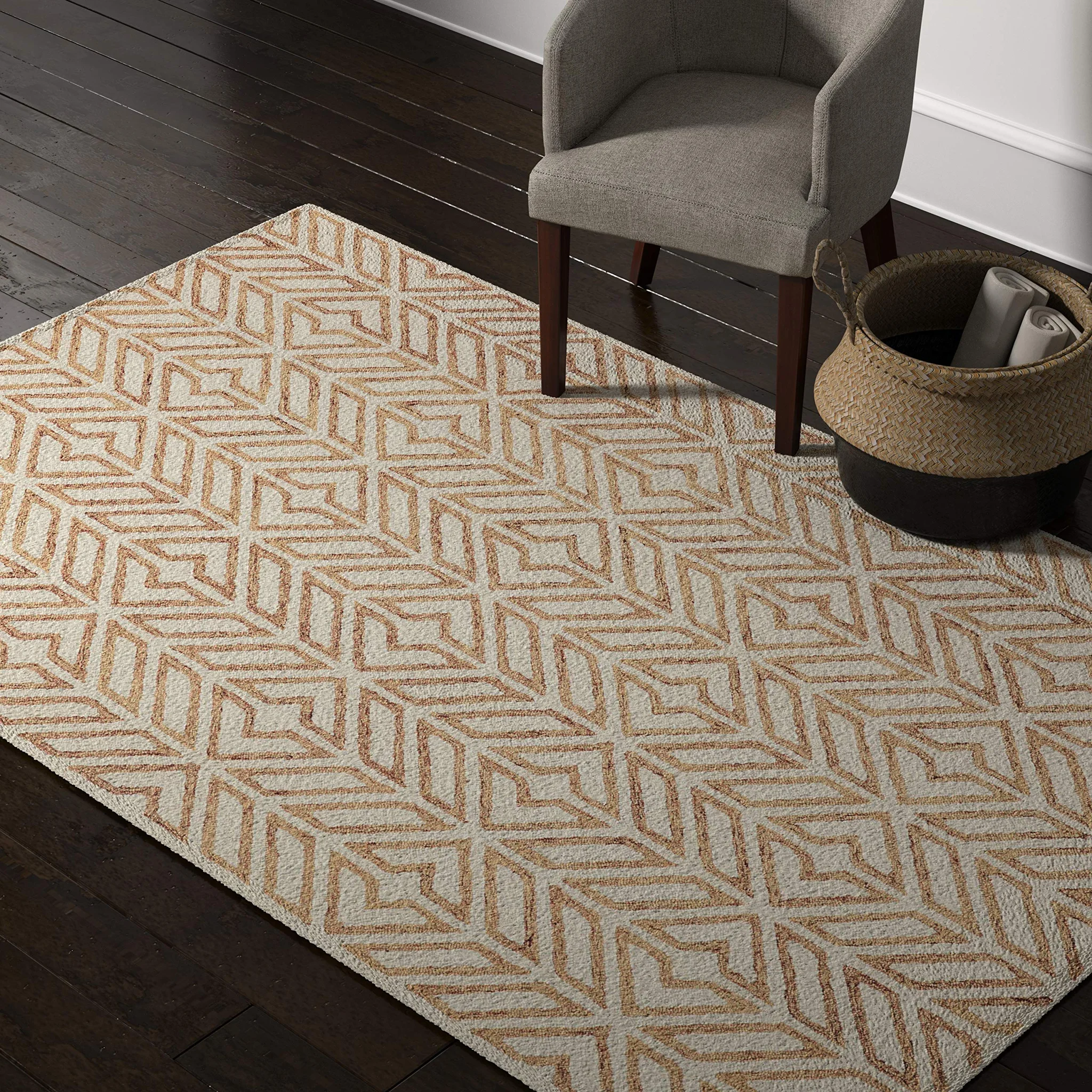 Geometric Handtufted Area Rug – Gold & Cream Wool Blend