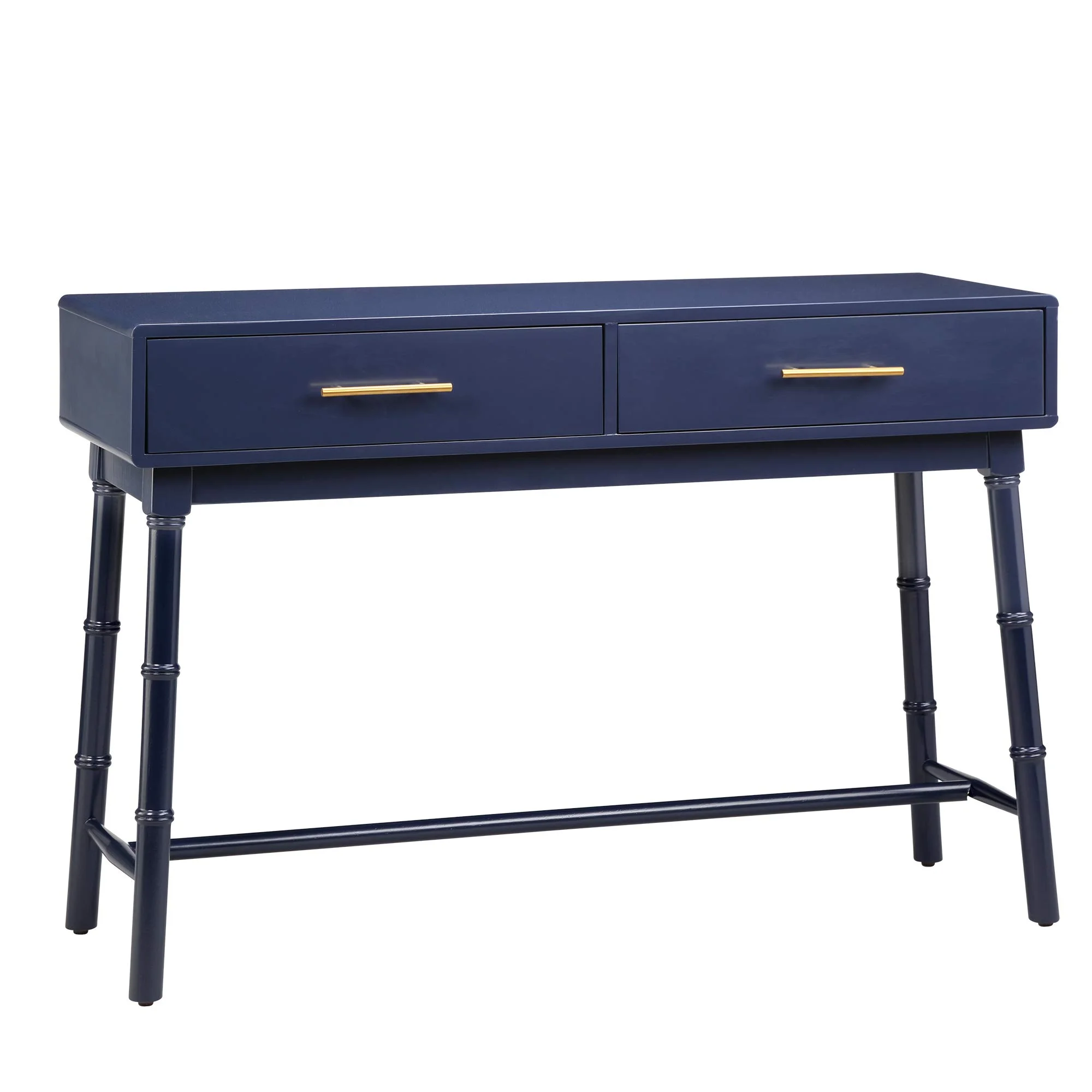 Navy Blue Console Table with Bamboo Legs and Gold Drawer Pulls