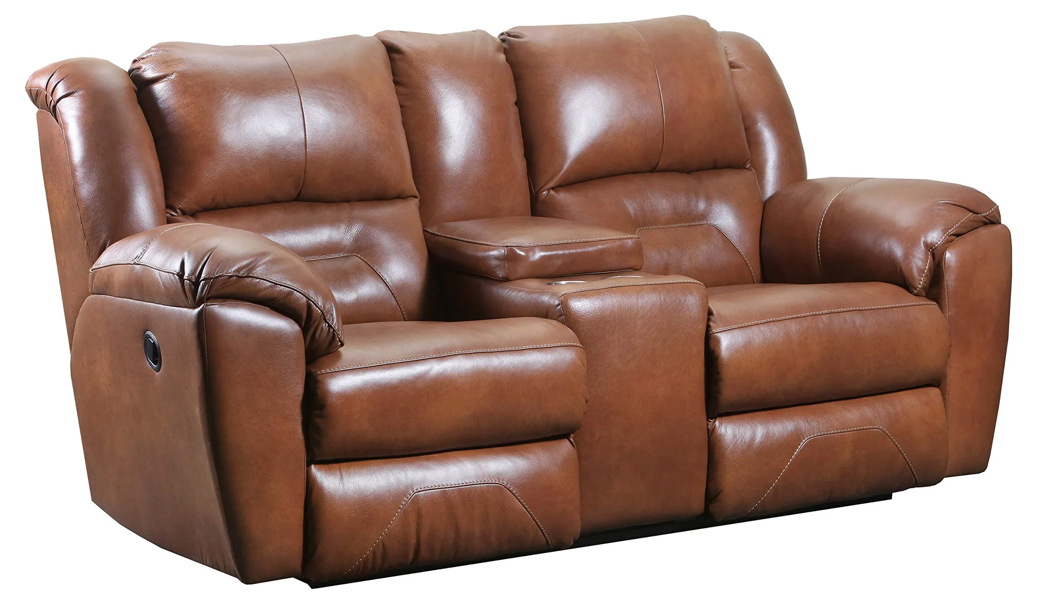 Leather Reclining Console Loveseat – Amber Brown Double Recliner Sofa