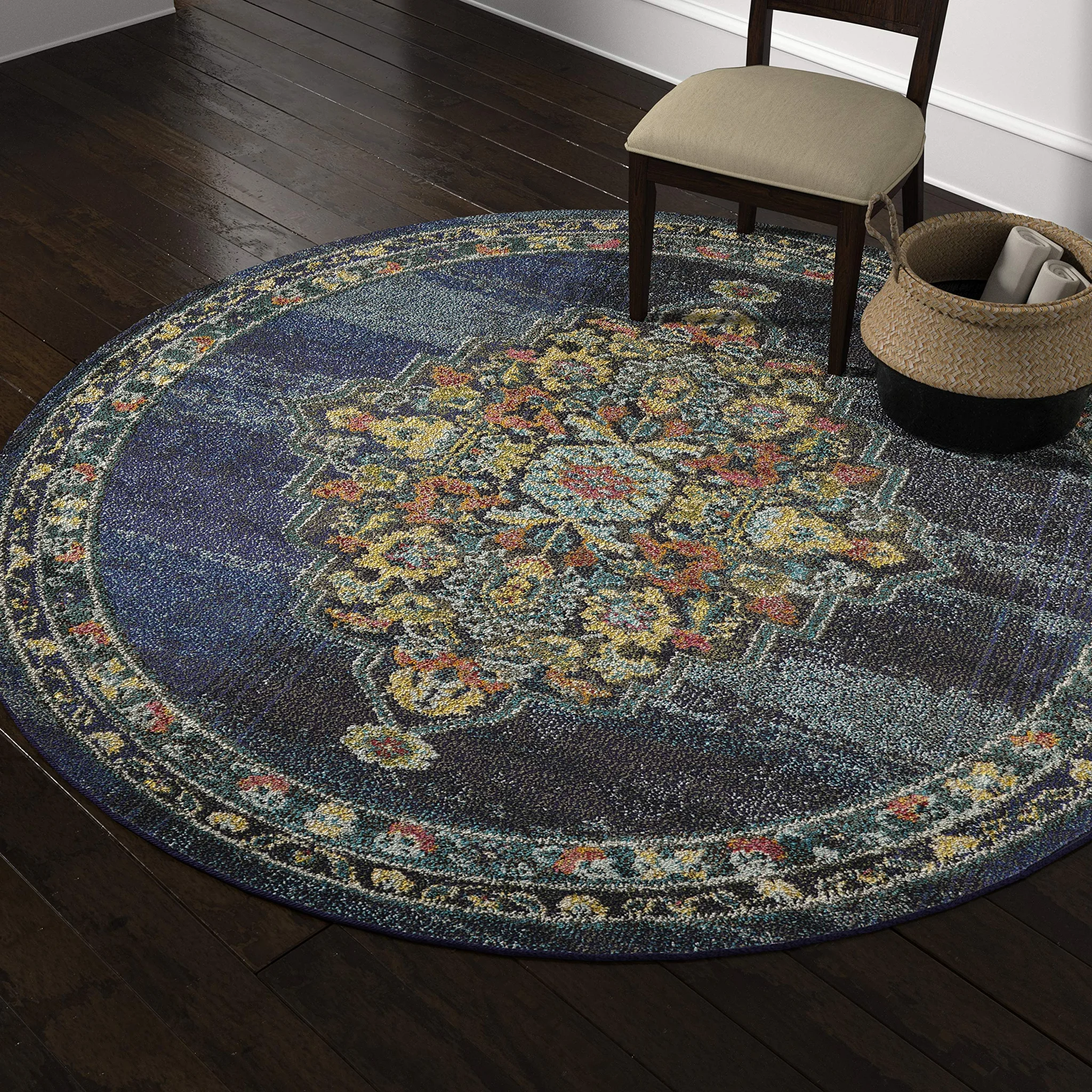 Persian Medallion Round Area Rug – Navy Blue Multicolor Floral