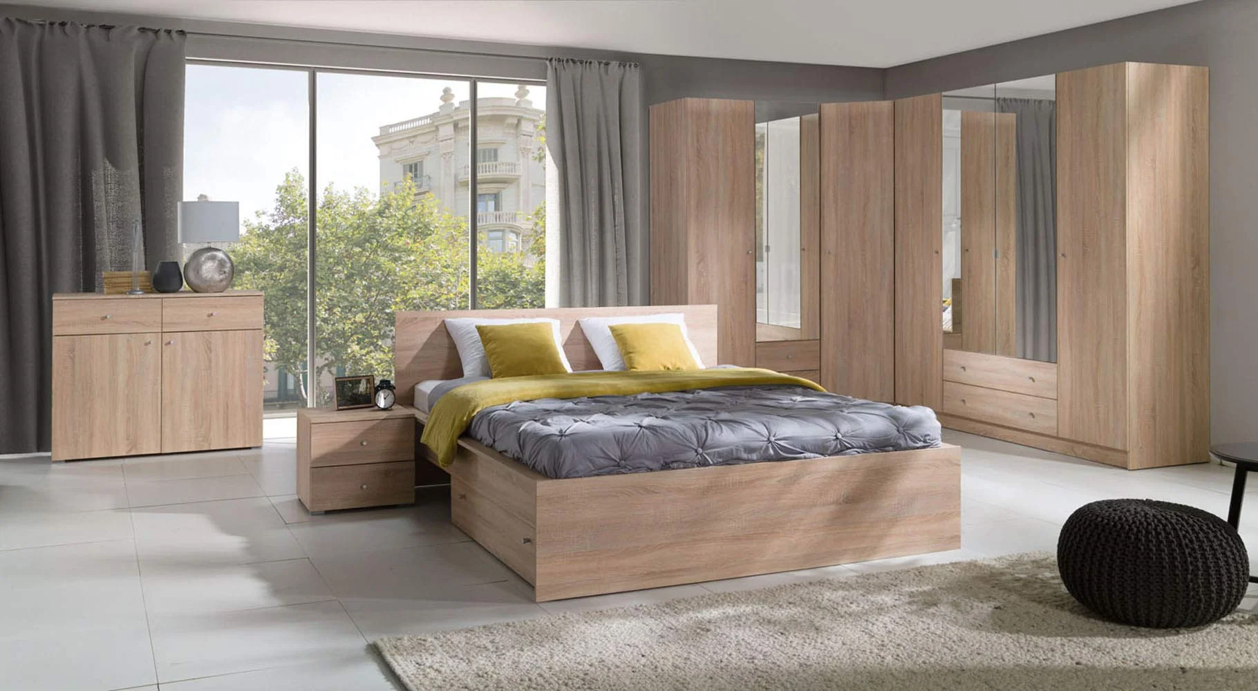 Modern Oak Bedroom Furniture Set with Wardrobe and Storage