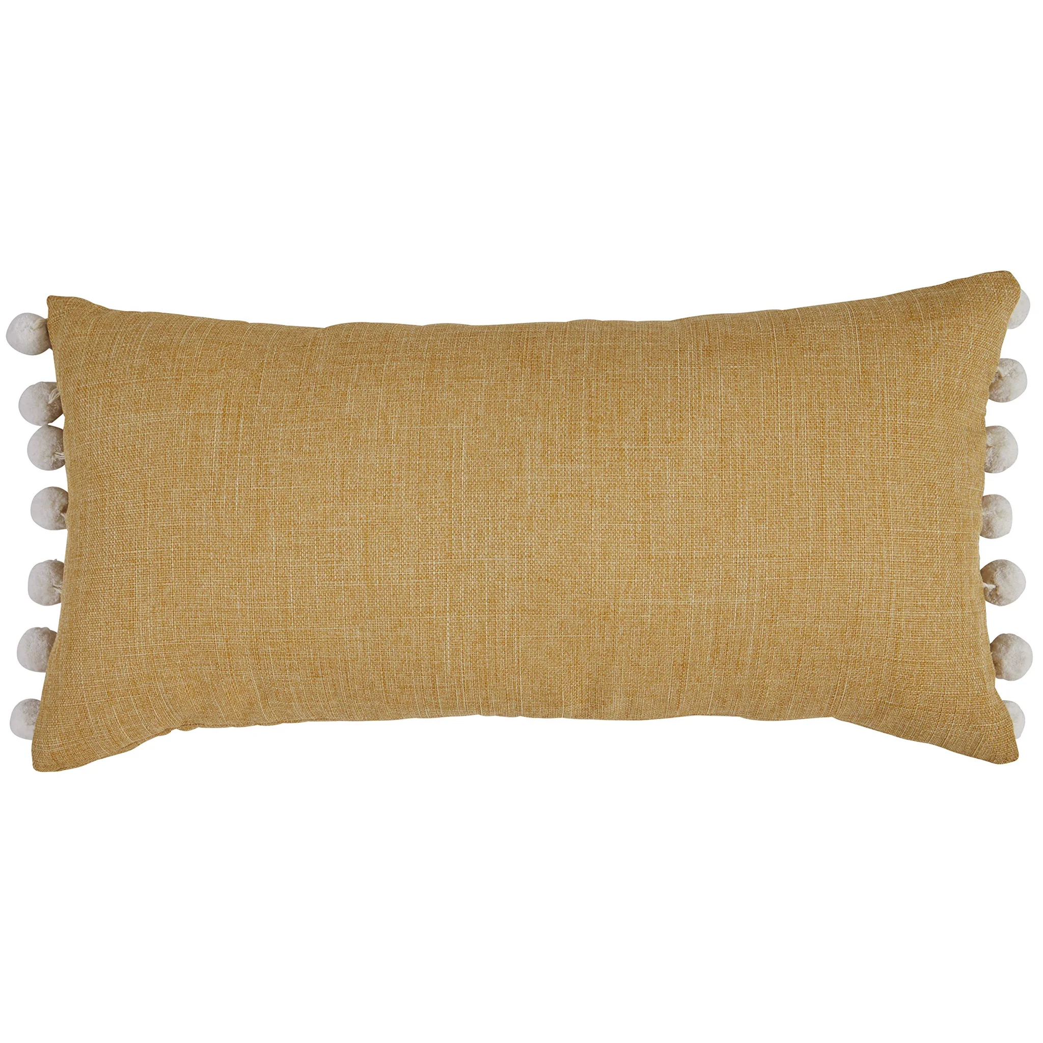 Mustard Linen Lumbar Throw Pillow with Pom-Pom Trim