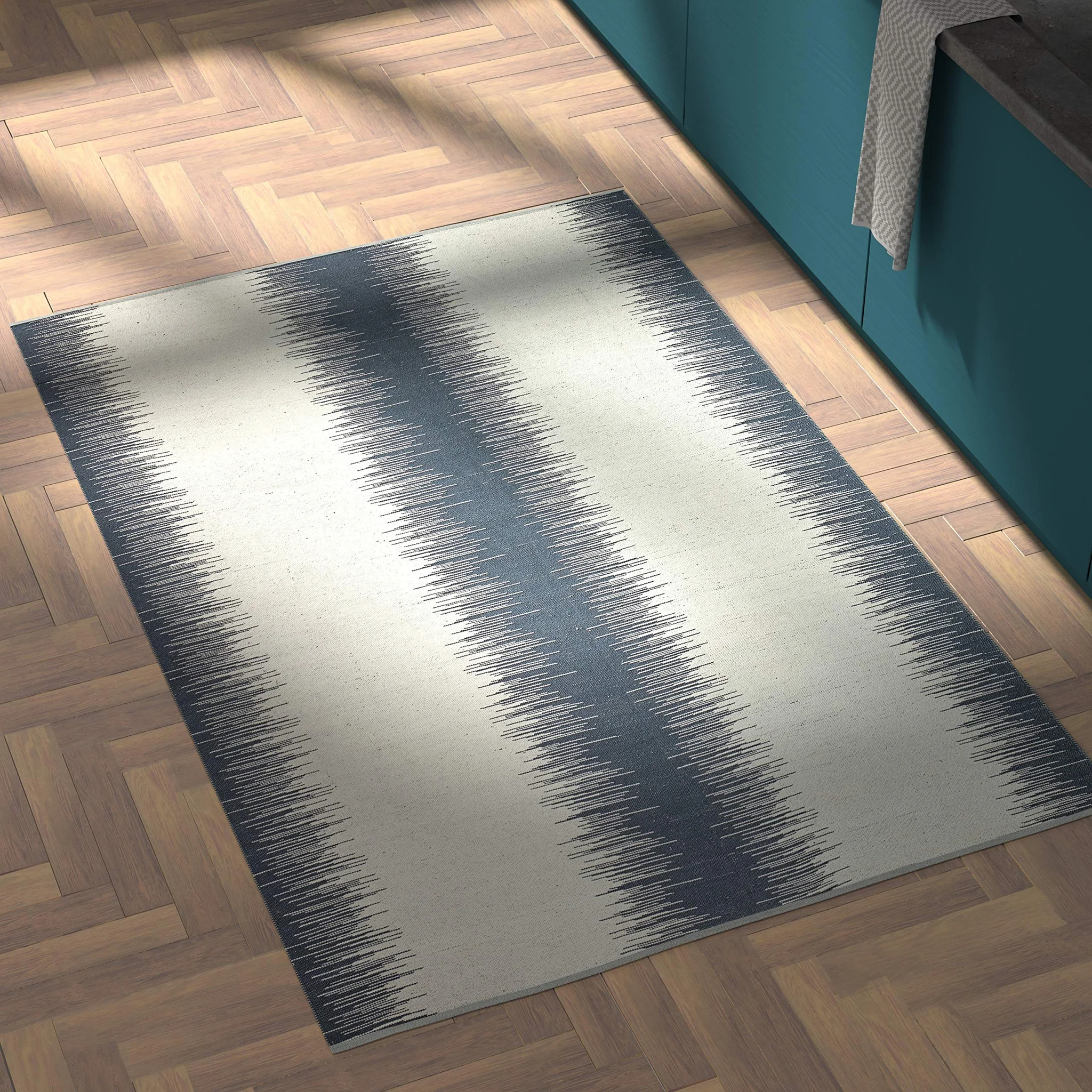 Abstract Reflections Modern Wool Area Rug - Navy Blue and Cream