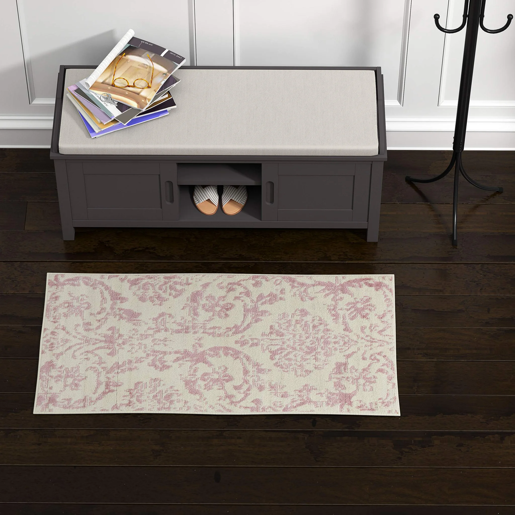 Vintage Damask Runner Rug – Pink Floral Pattern on Ivory White