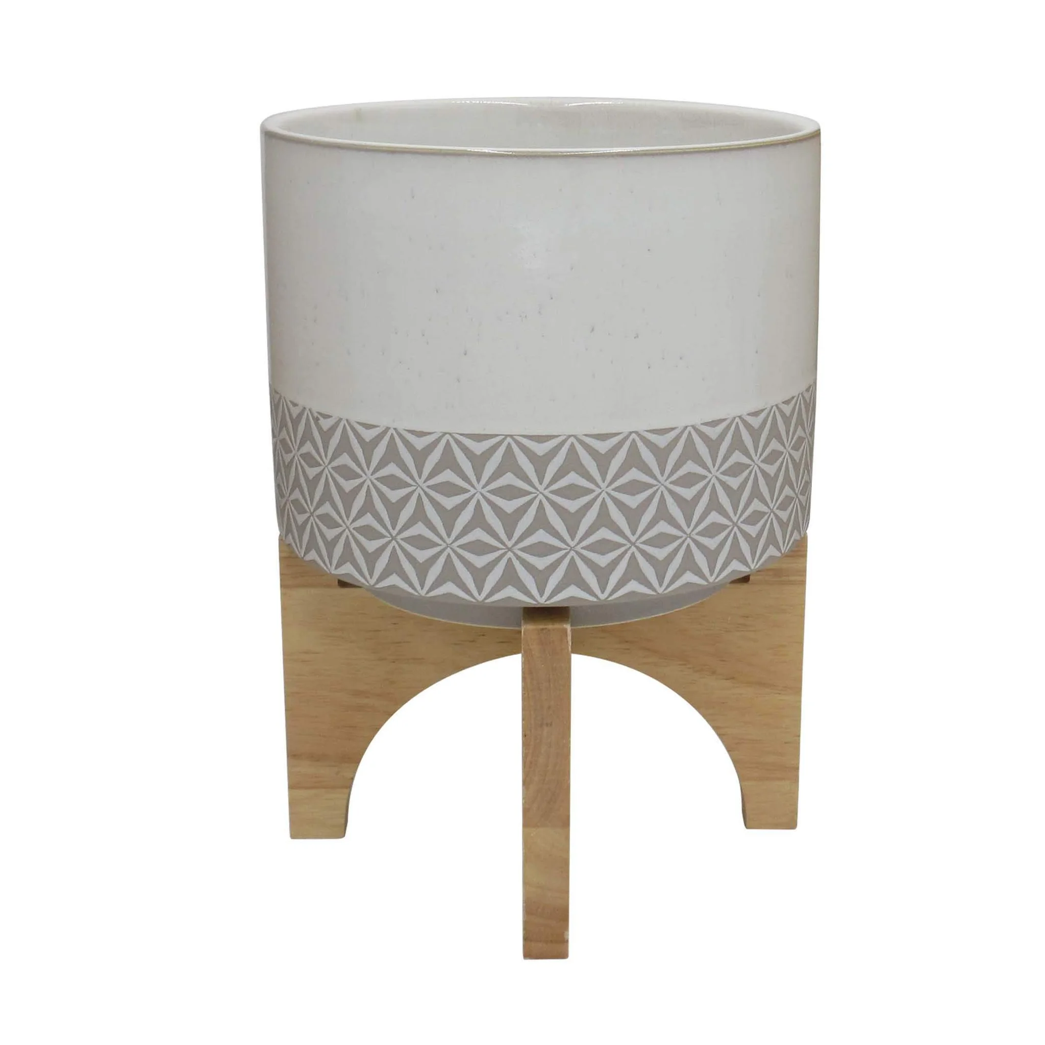 Mid-Century Ceramic Planter with Geometric Pattern and Wood Stand