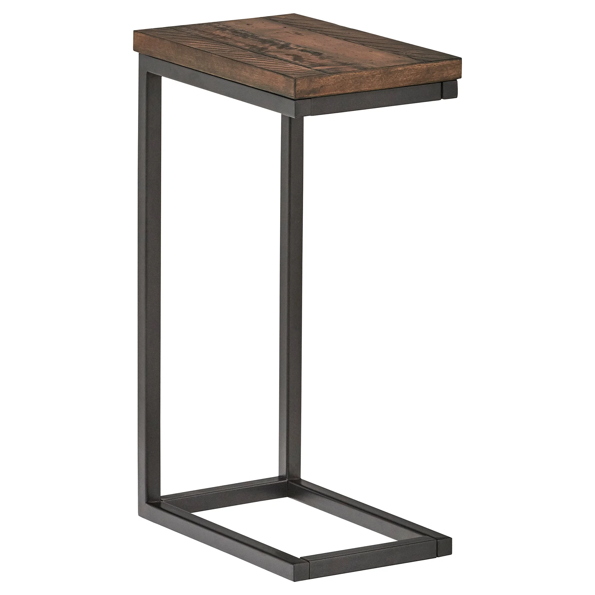 Industrial C-Shape Side Table with Walnut Wood Top and Metal Frame