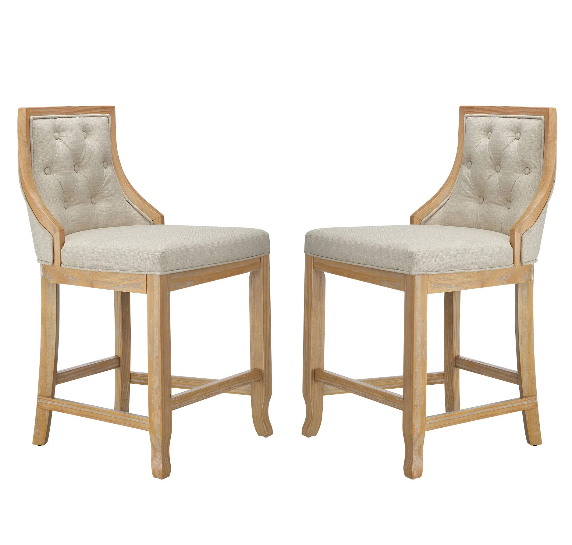 Vintage Tufted Counter-Height Barstool Set of 2 – Beige Linen & Natural Wood