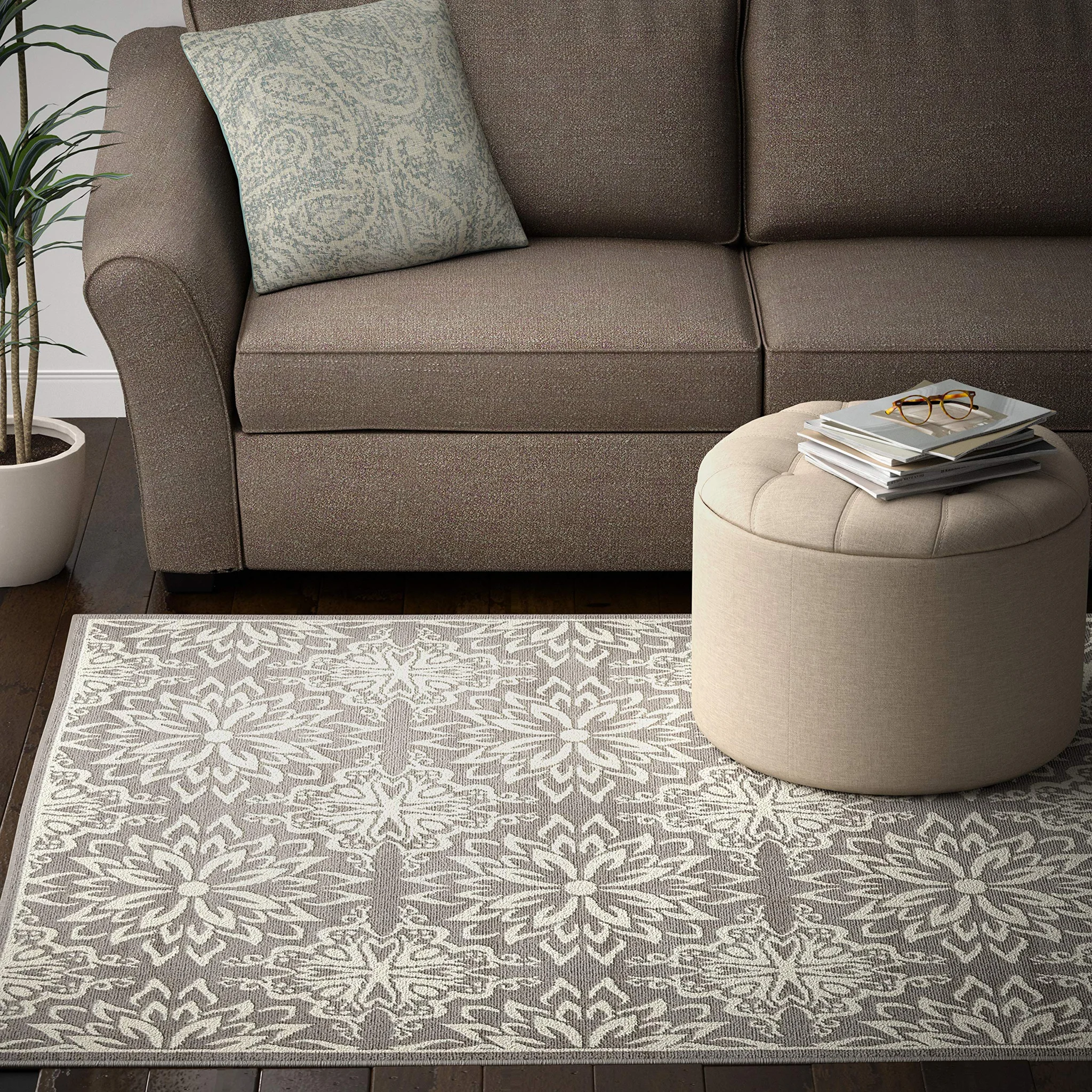 Floral Medallion Area Rug Warm Grey and Ivory