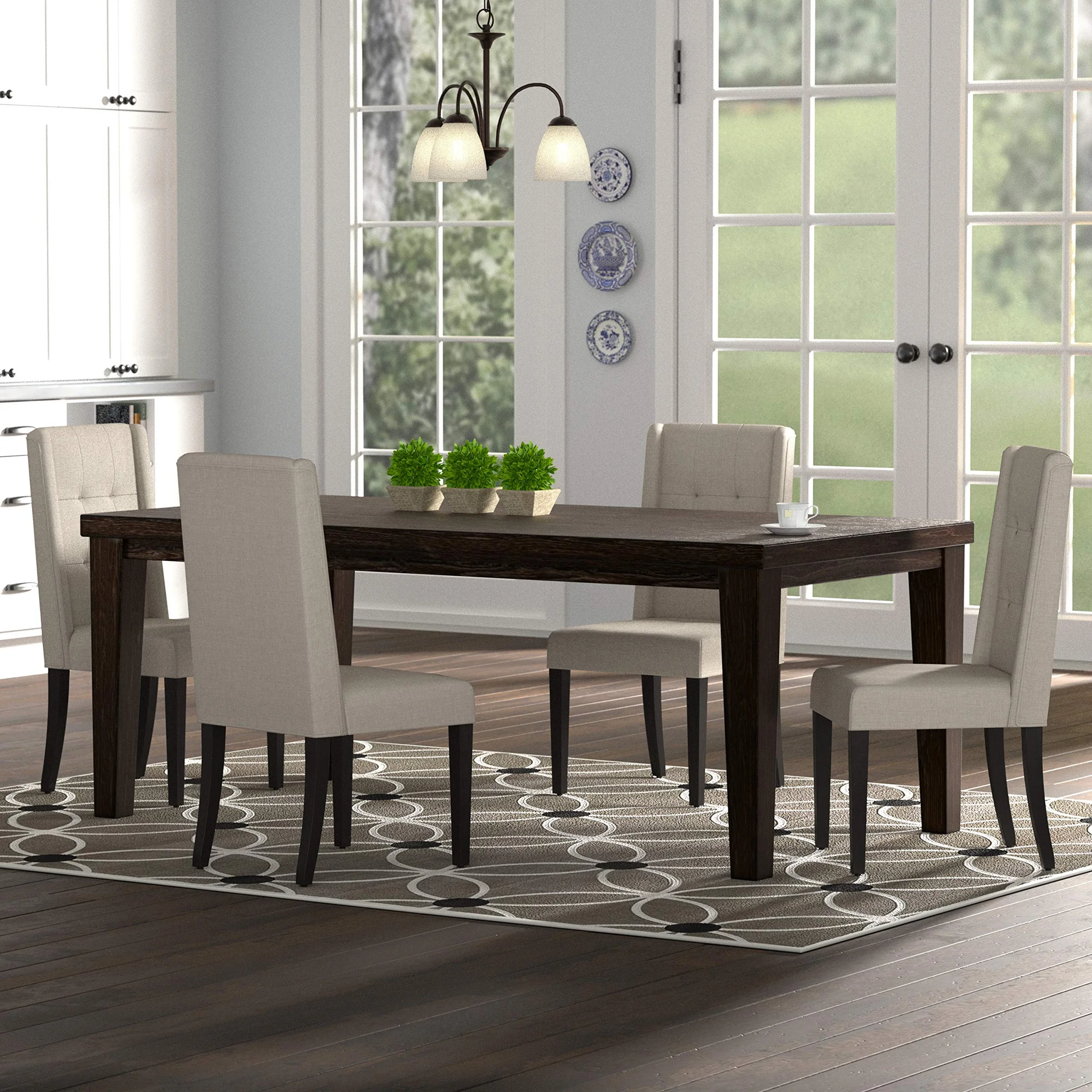 Modern Dining Room Set with Dark Wood Table and Upholstered Chairs