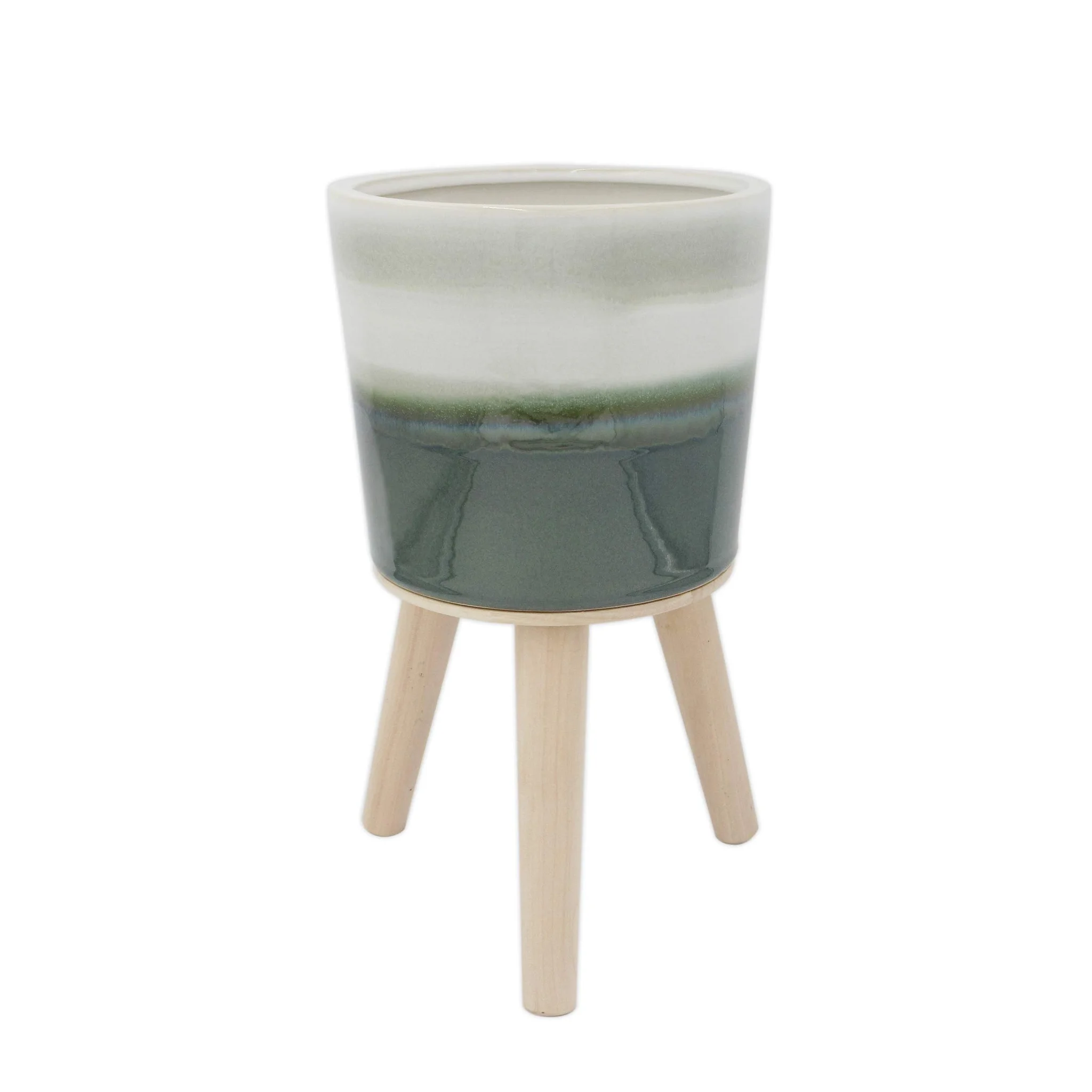 Mid-Century Ceramic Planter with Wooden Tripod Stand