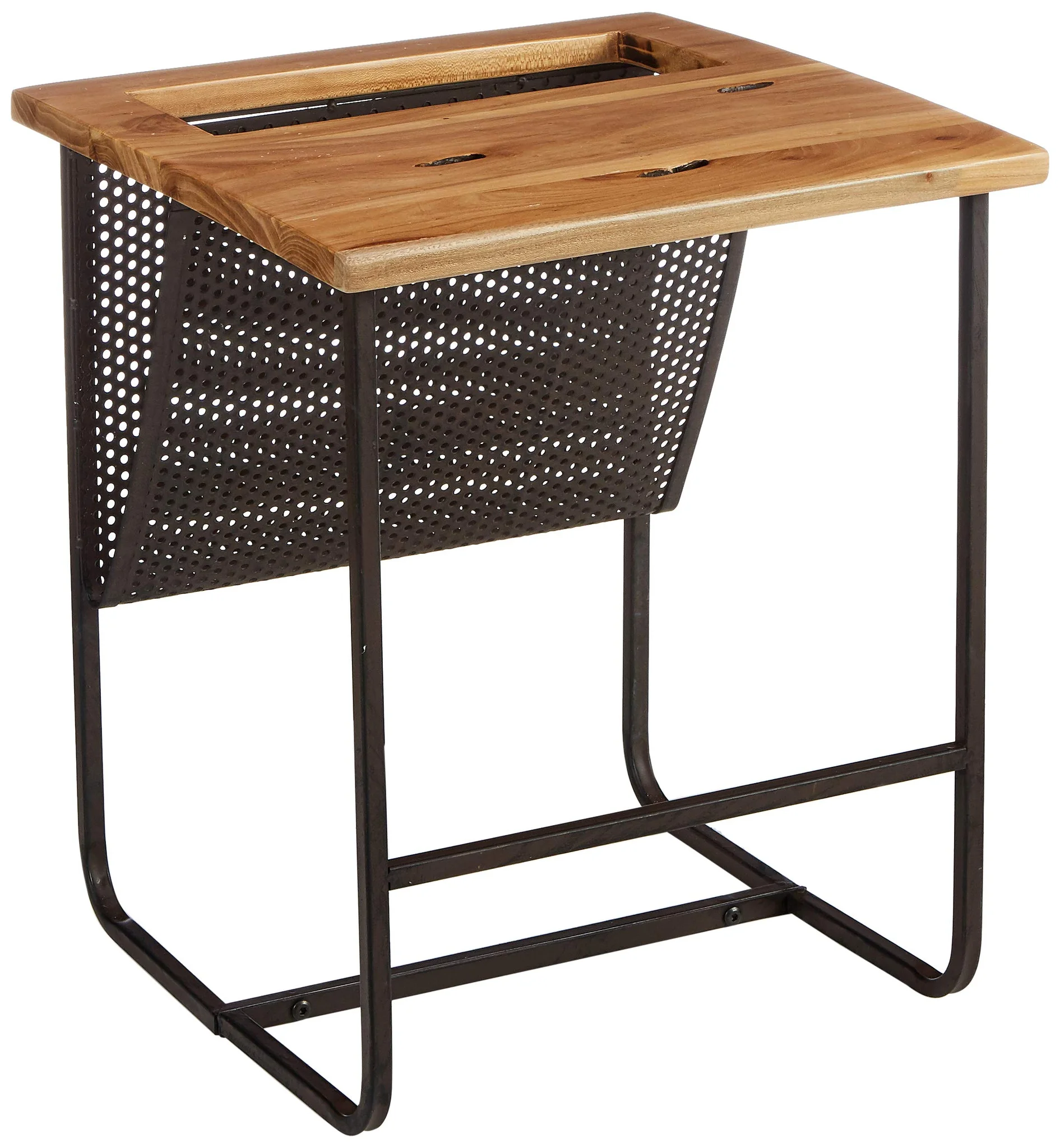 Industrial Side Table with Elm Wood Top and Perforated Metal Storage Basket