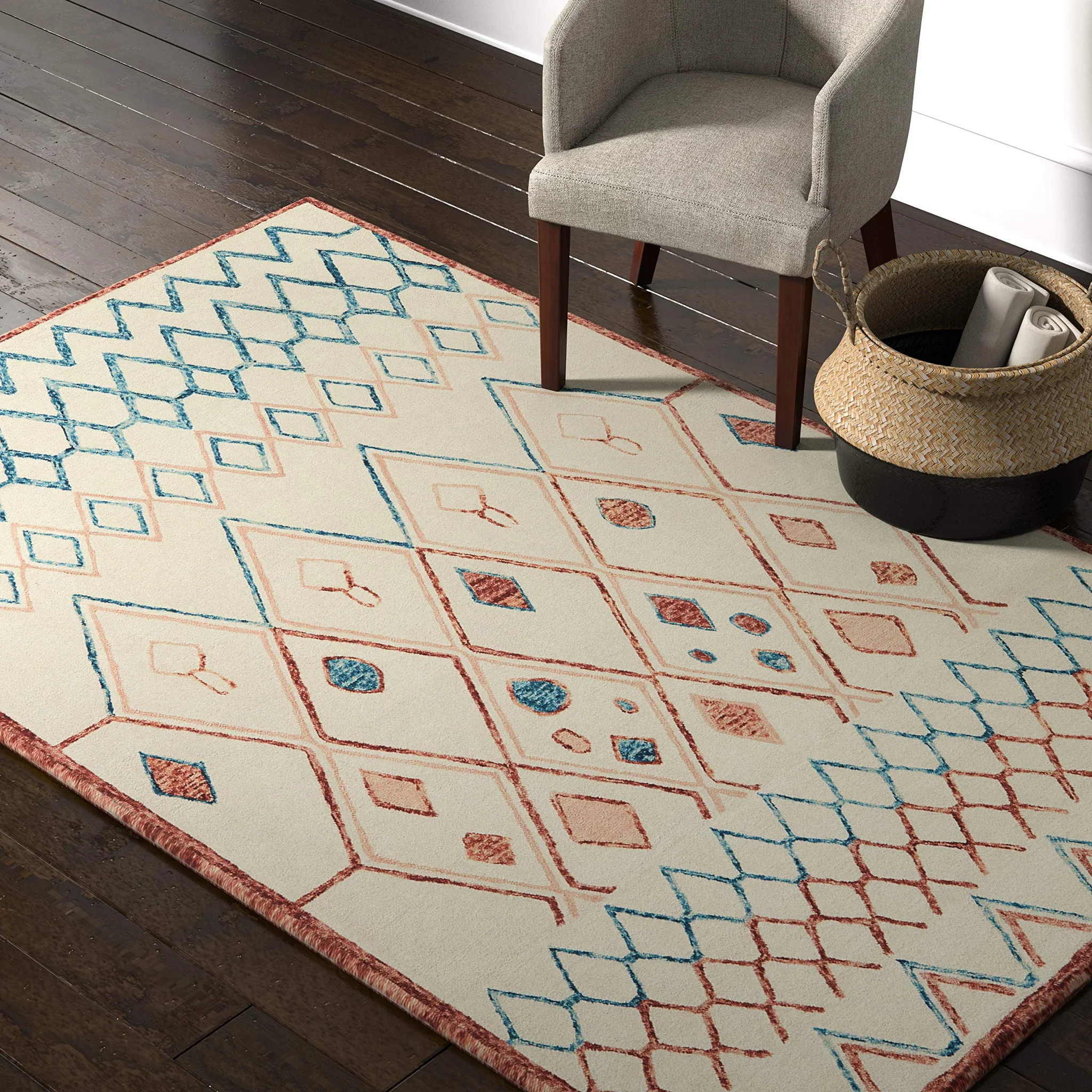 Bohemian Diamond Pattern Area Rug – Cream, Orange & Blue