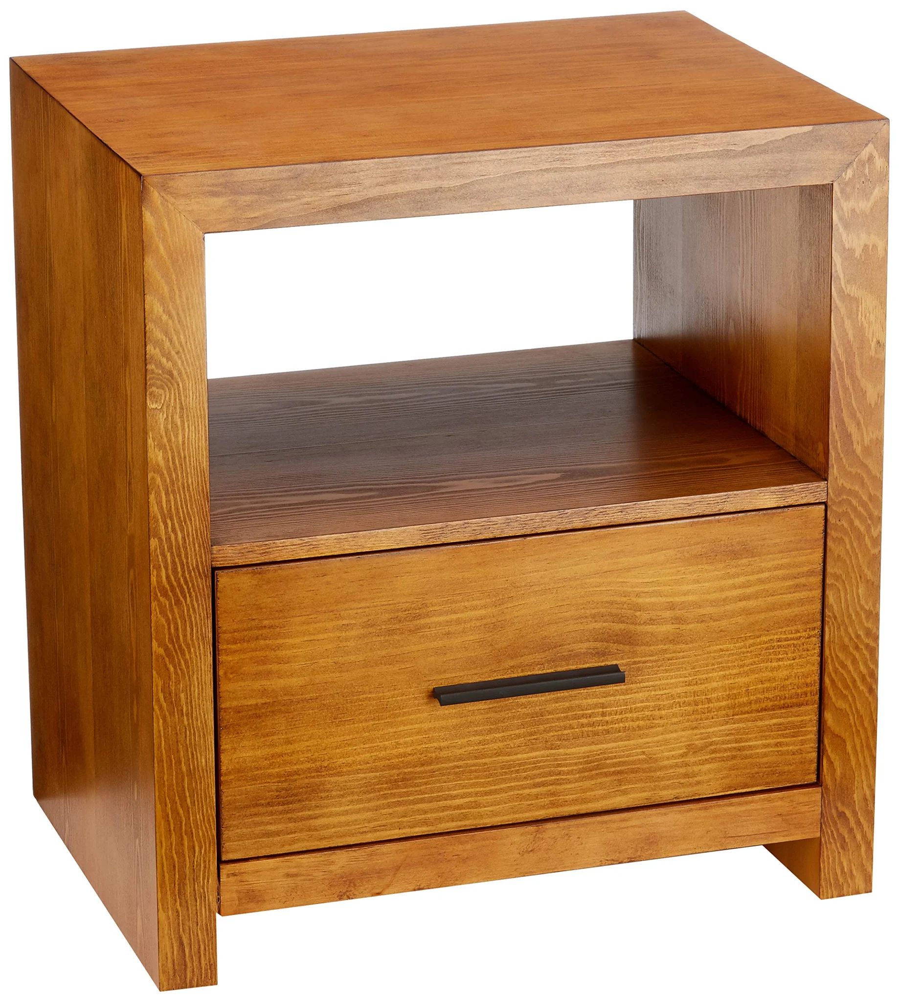 Modern Wooden Nightstand with Open Shelf and Drawer