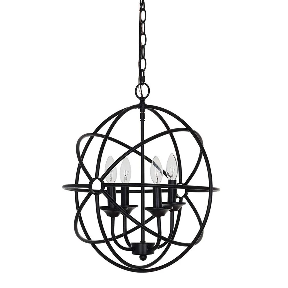 Industrial Orb Pendant Chandelier – Matte Black 4-Light Ceiling Fixture