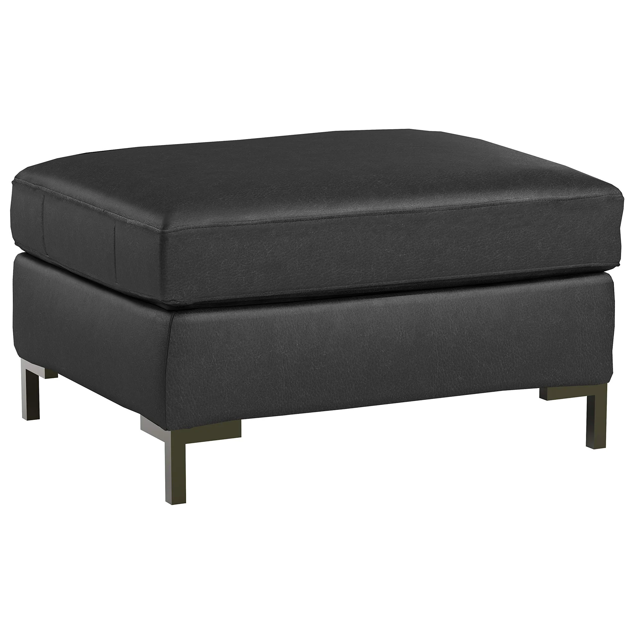 Modern Charcoal Leather Ottoman with Metal Legs