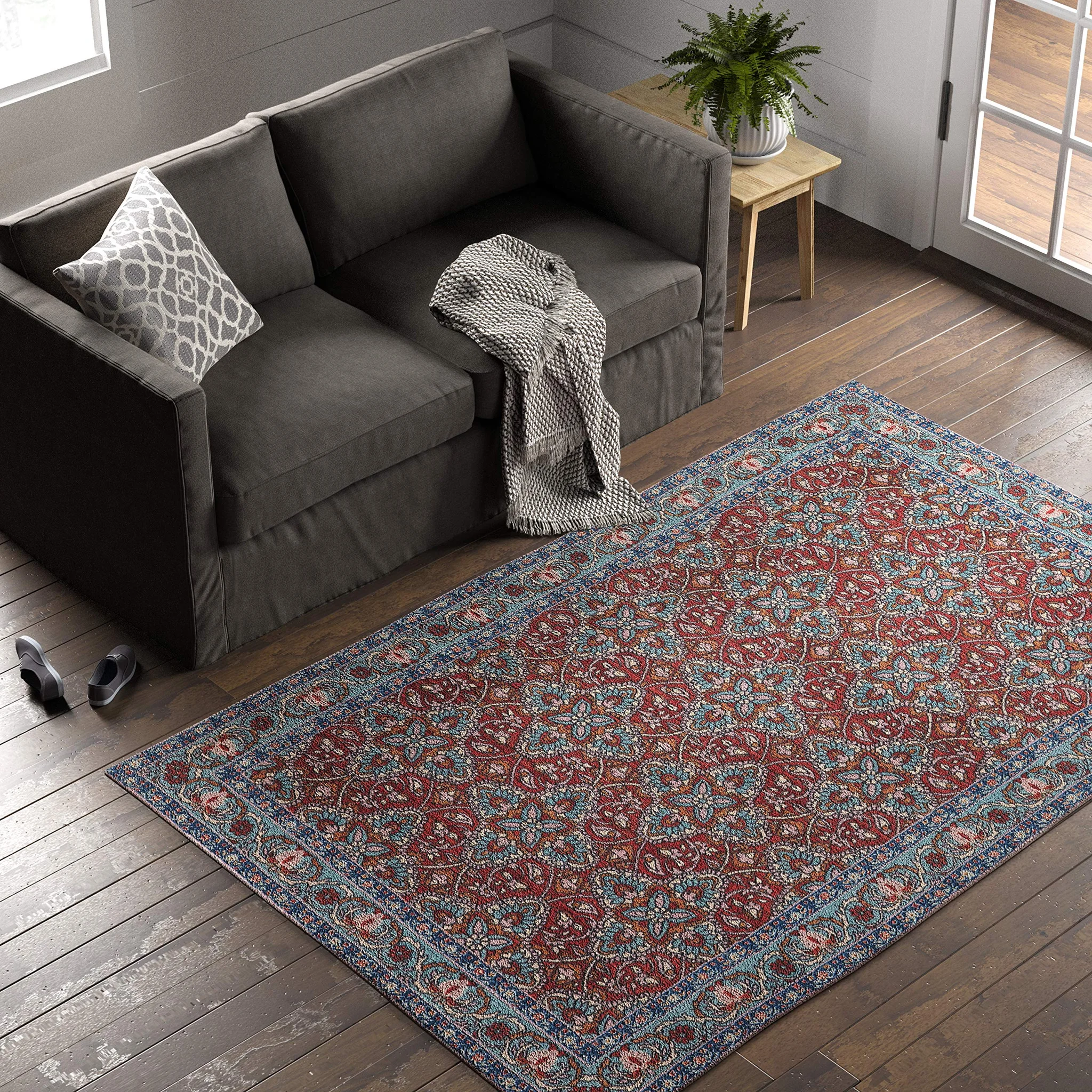 Persian Medallion Area Rug – Red & Steel Blue Traditional Pattern