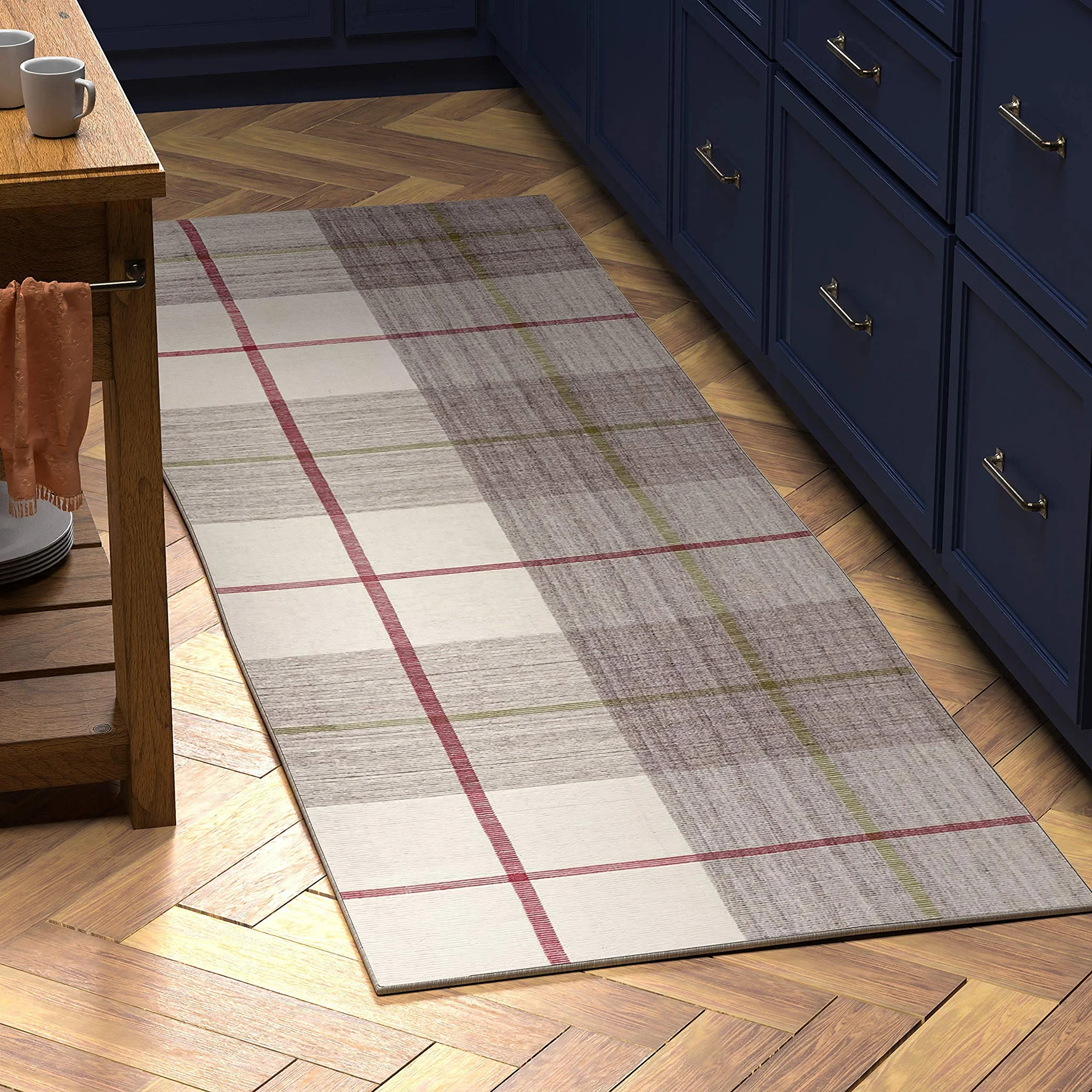 Casual Plaid Runner Rug Grey Ivory Red Flatweave