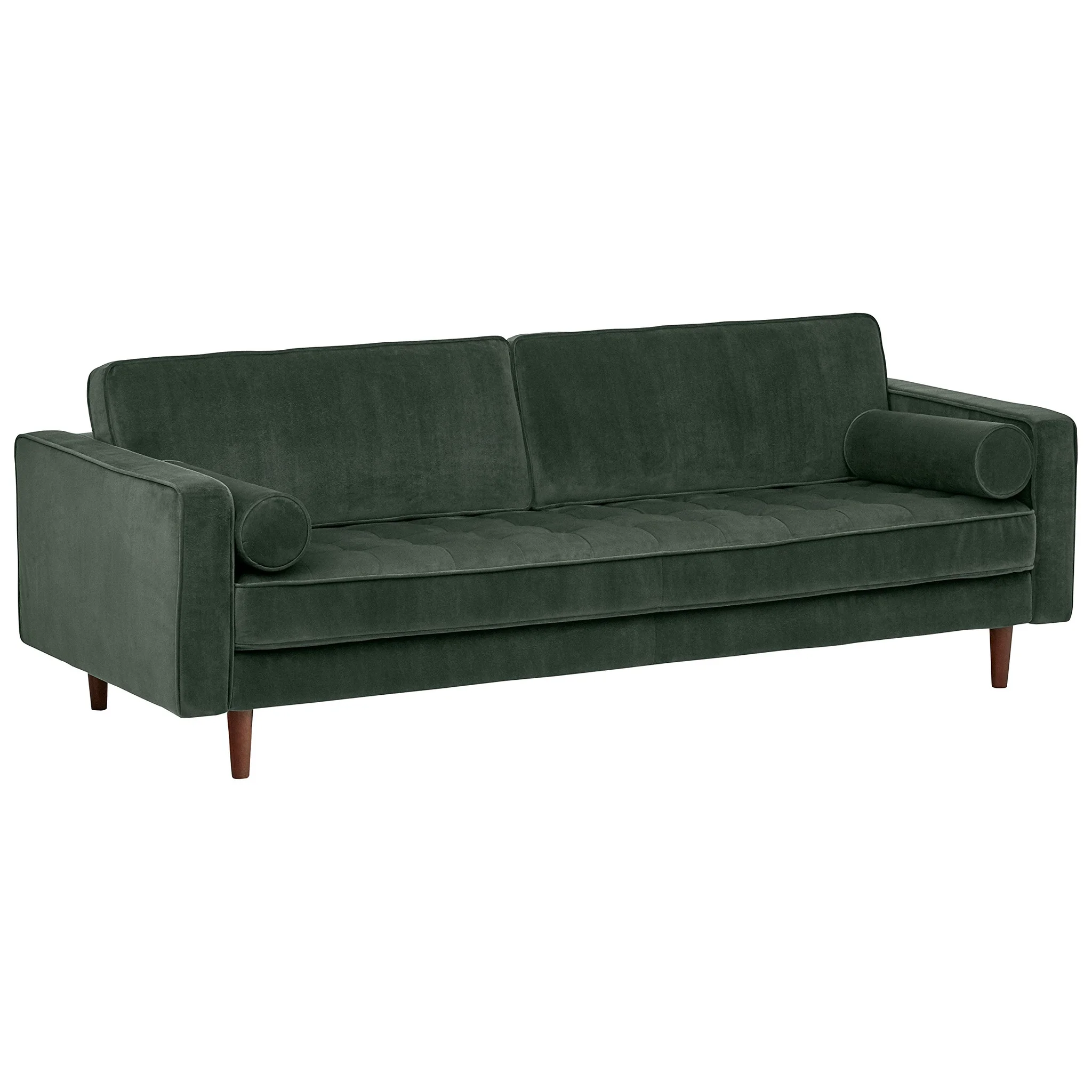 Mid-Century Modern Green Velvet Tufted Sofa with Bolster Pillows