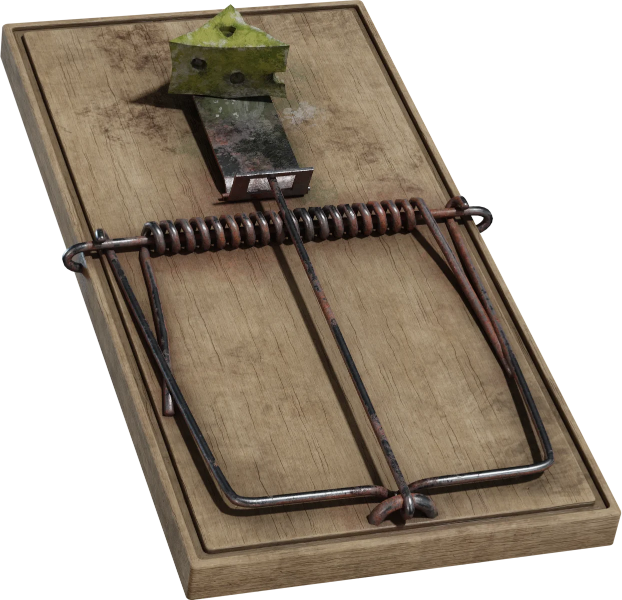 Weathered Wooden Mousetrap with Rusty Metal Spring