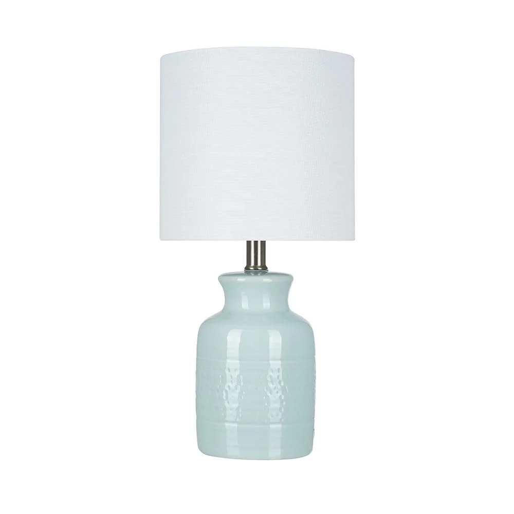 Ceramic Table Lamp with Linen Drum Shade – Tonal Blue Glaze