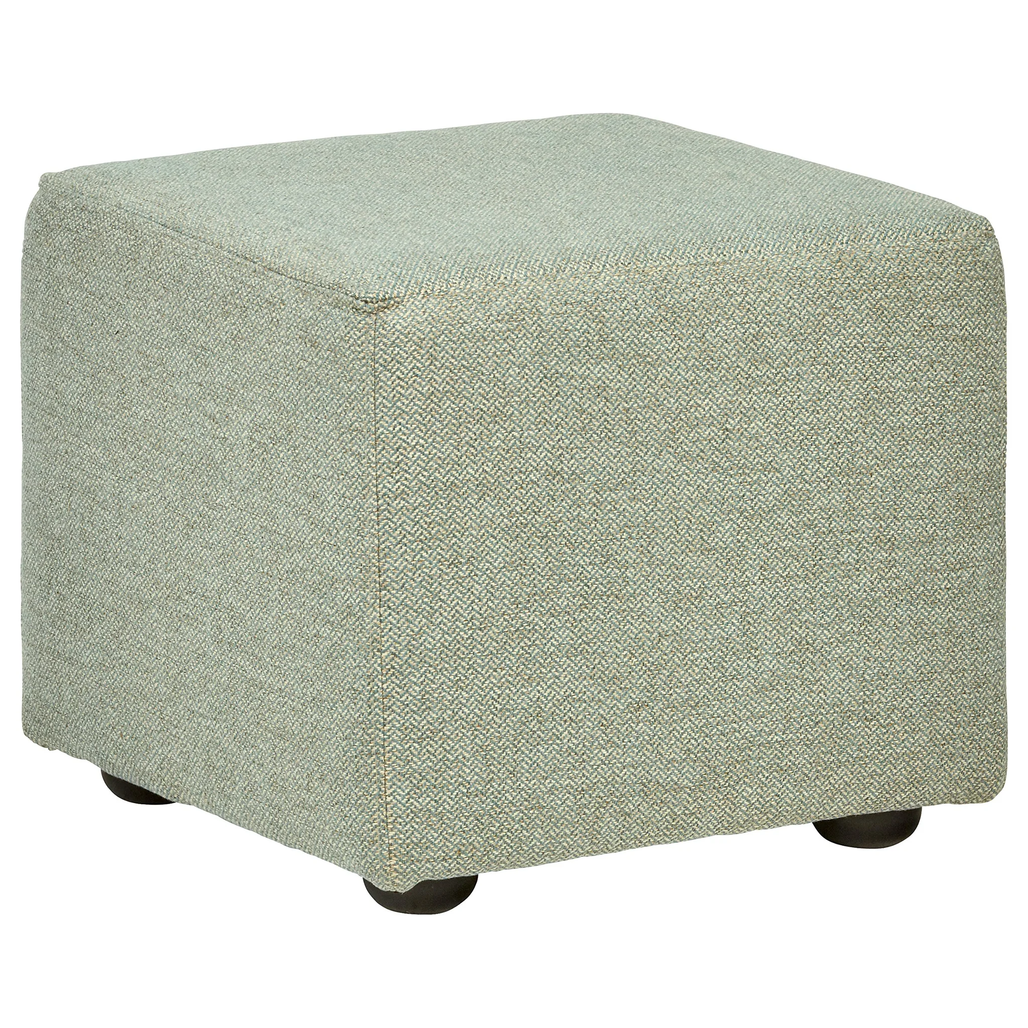 Modern Upholstered Cube Ottoman Pouf – Sage Green Herringbone Fabric