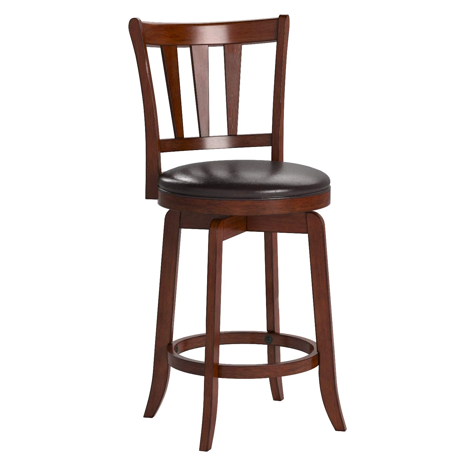 Cherry Wood Swivel Counter Stool with Ladder Back and Faux Leather Seat