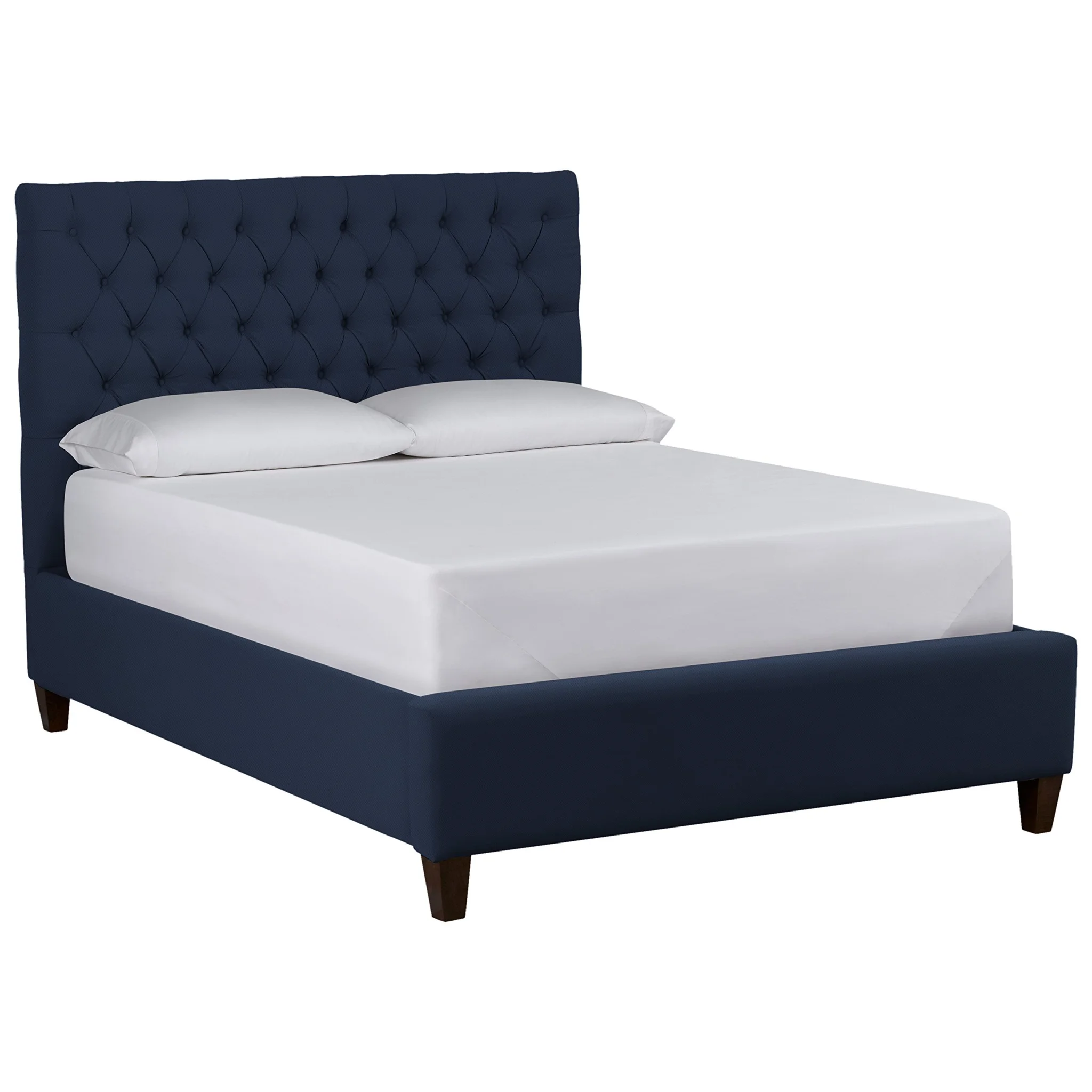 Navy Blue Tufted Upholstered Queen Bed with Wooden Legs