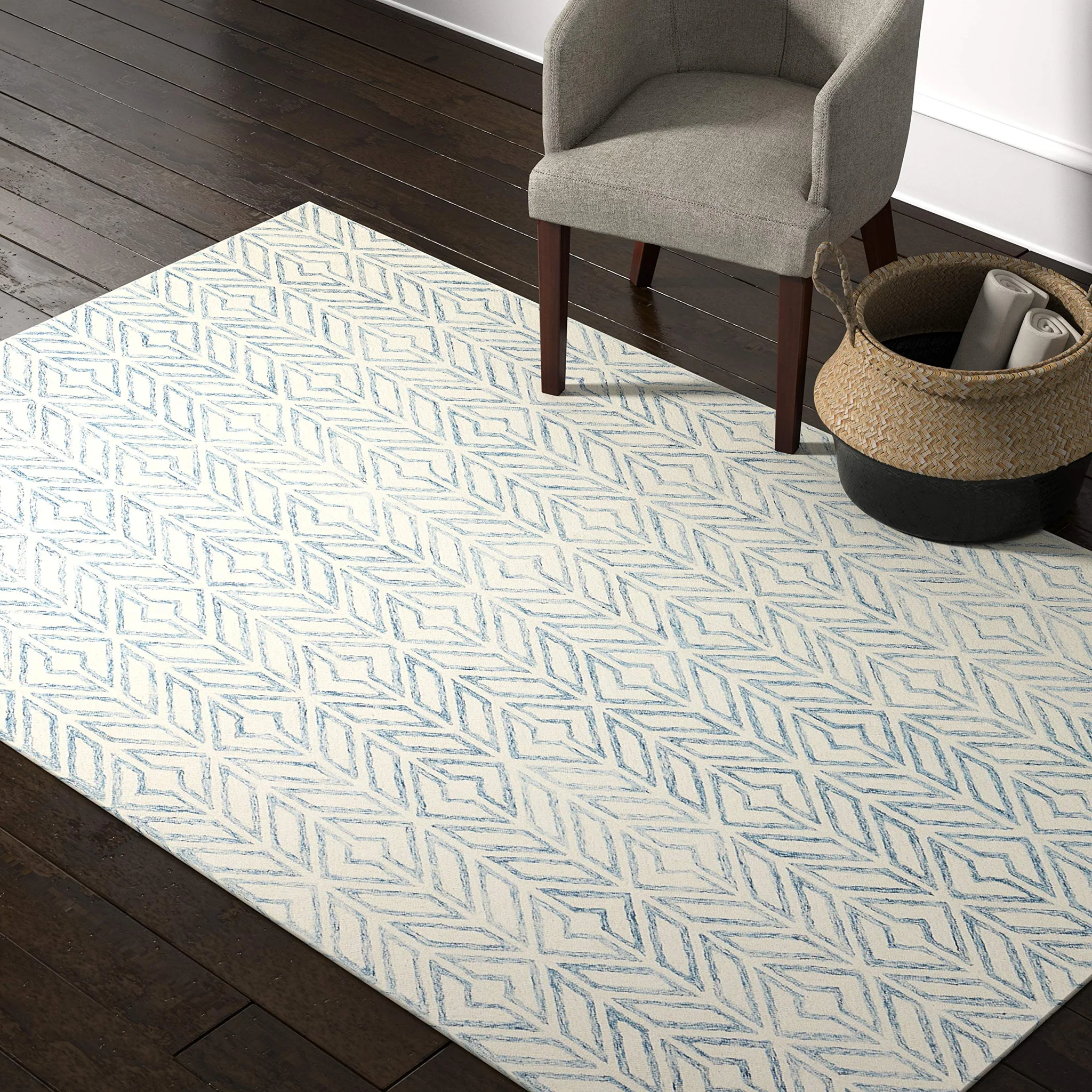 Modern Geometric Wool Area Rug – Blue & Ivory Diamond Pattern