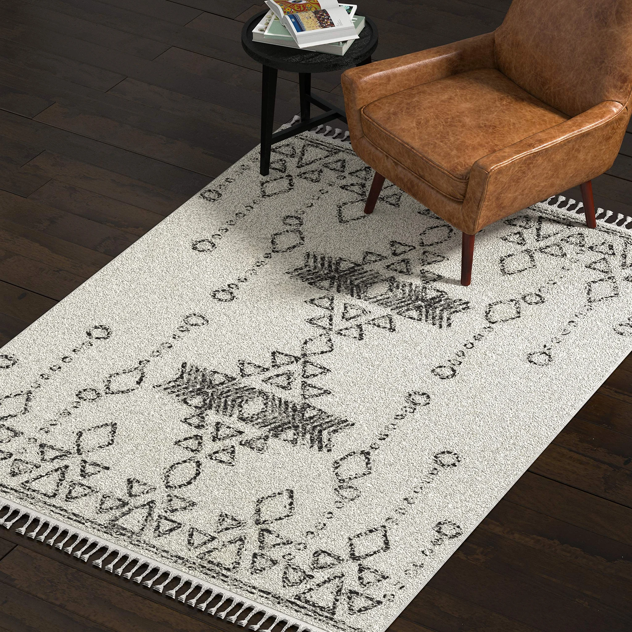 Bohemian Moroccan Area Rug with Geometric Pattern and Tassels