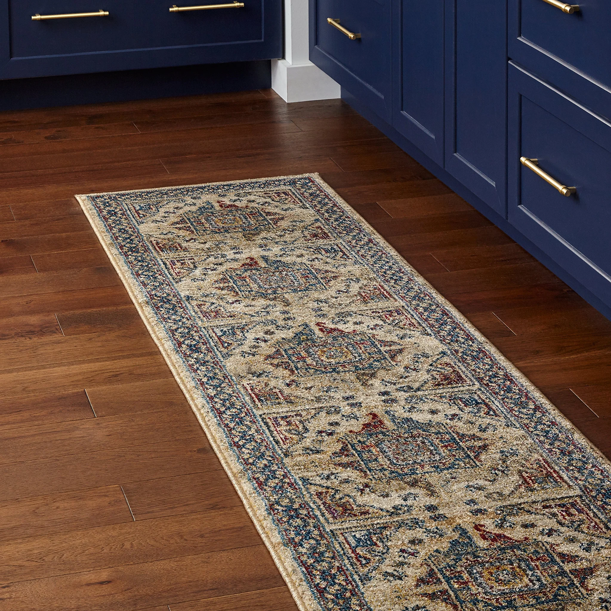 Persian Medallion Runner Rug – Blue Ivory Traditional Pattern