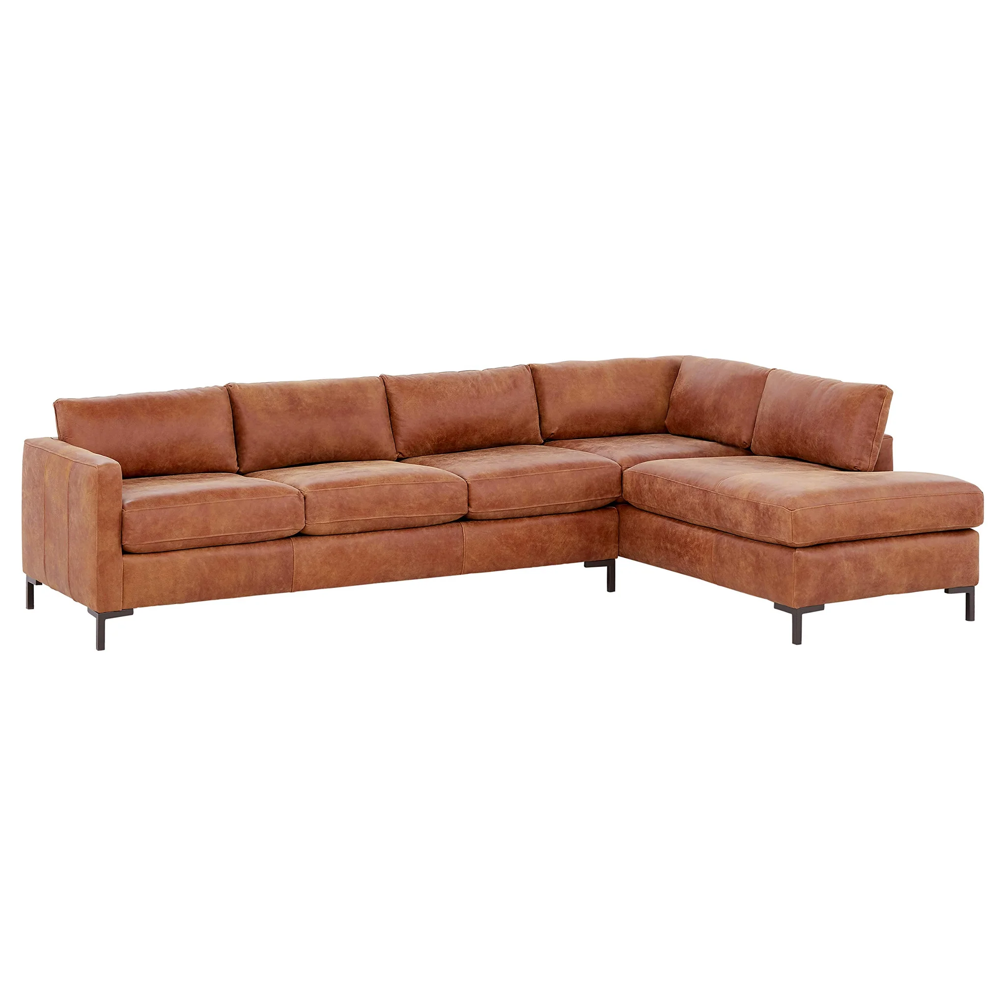 Modern L-Shape Sectional Sofa with Right-Facing Chaise – Saddle Brown Leather