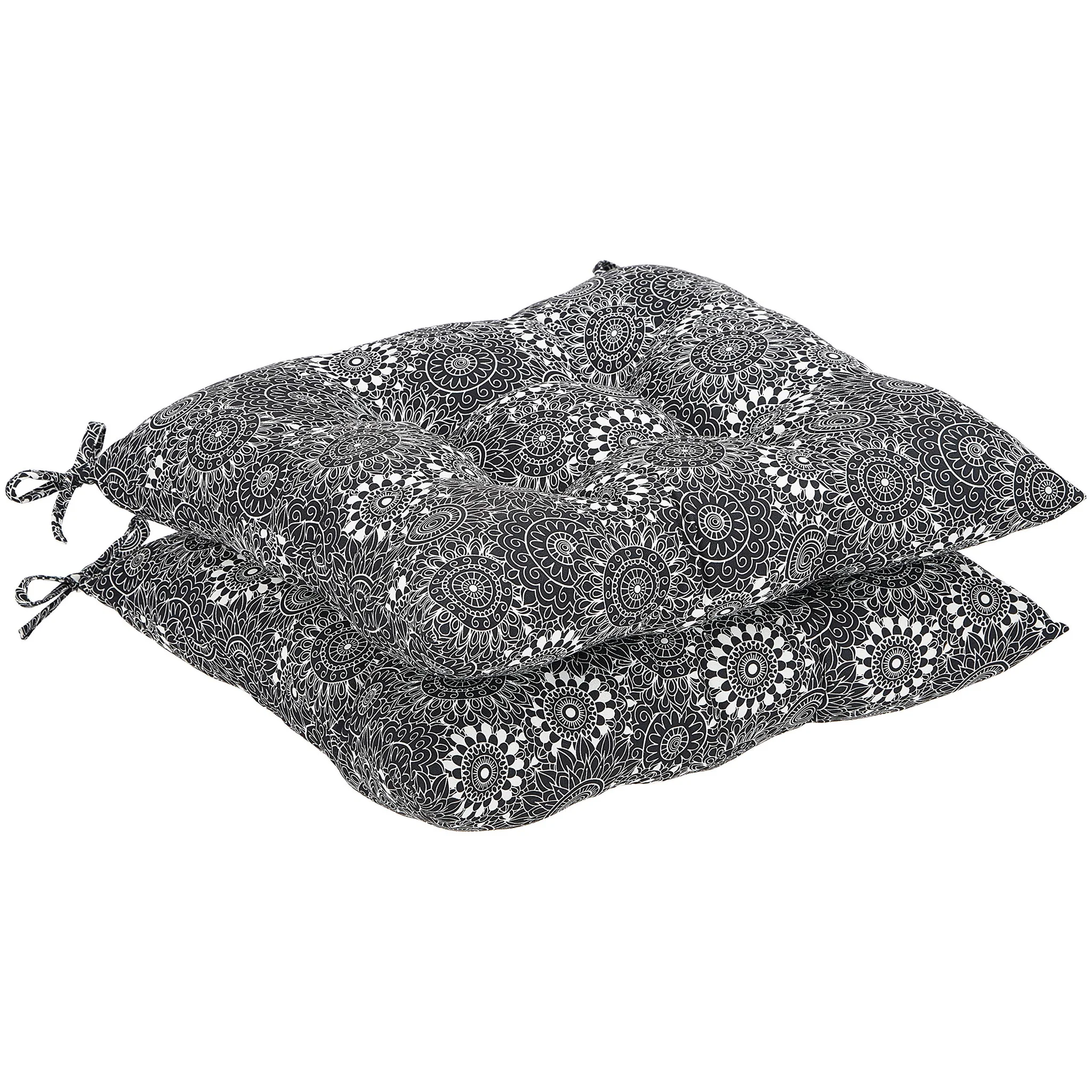 Tufted Outdoor Chair Cushion Set Black Floral Mandala Pattern