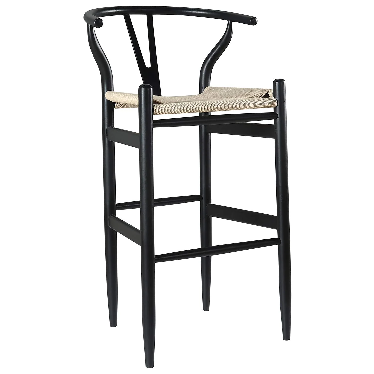 Black Wishbone Bar Stool with Woven Paper Rope Seat