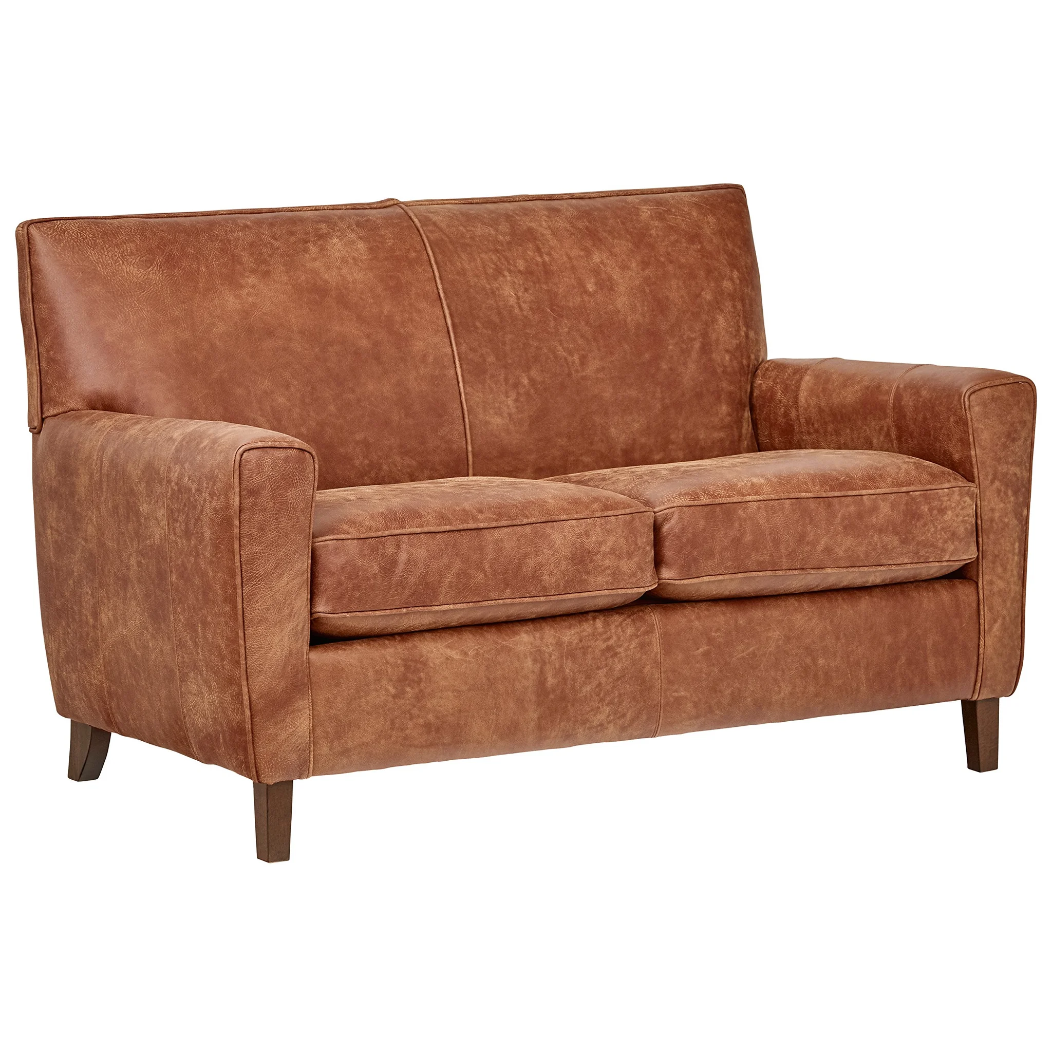 Saddle Brown Leather Loveseat – Mid-Century Modern Two-Seater Sofa
