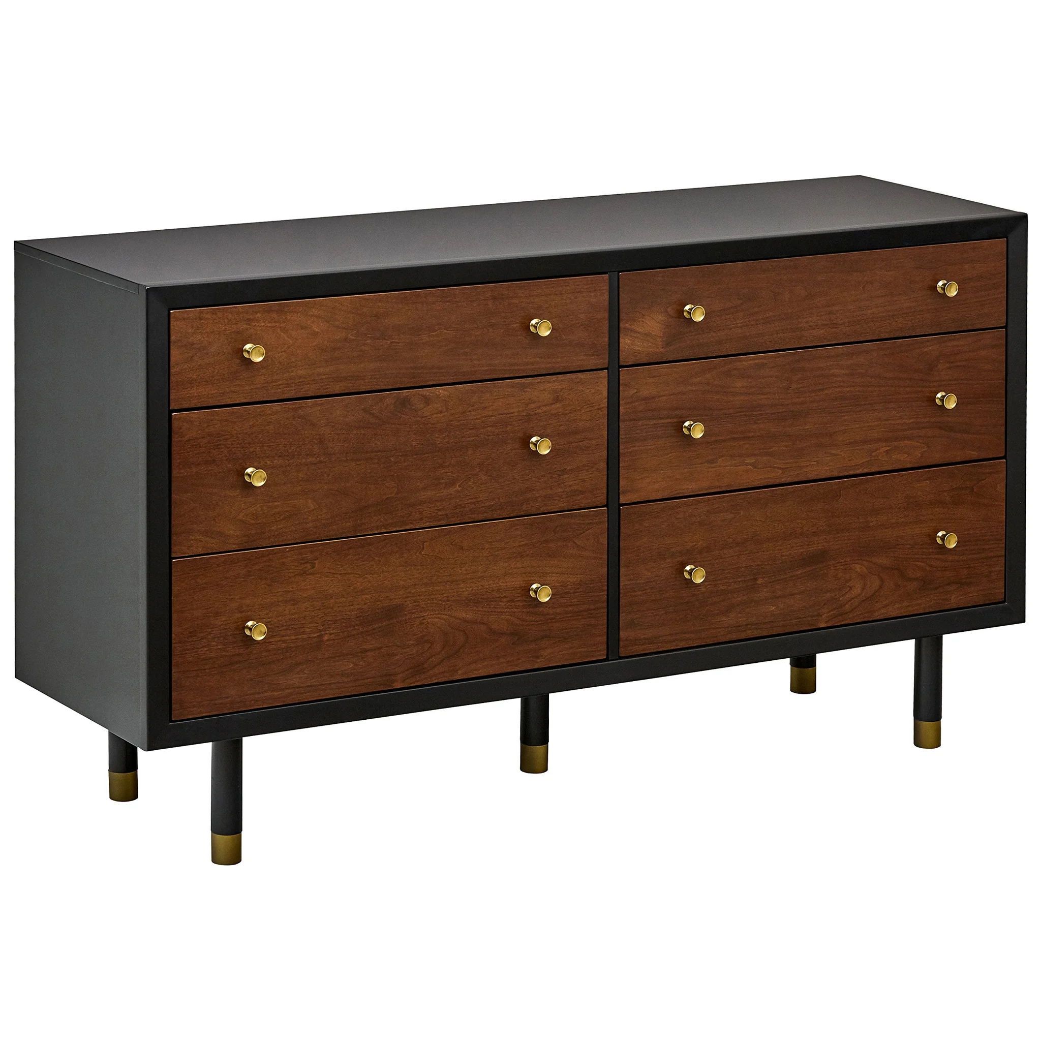 Mid-Century Modern 6-Drawer Dresser with Walnut Veneer and Brass Accents