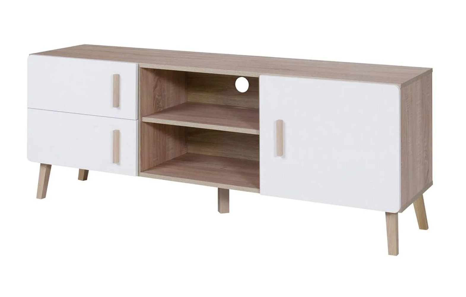 Scandinavian TV Stand with Drawers and Open Shelves
