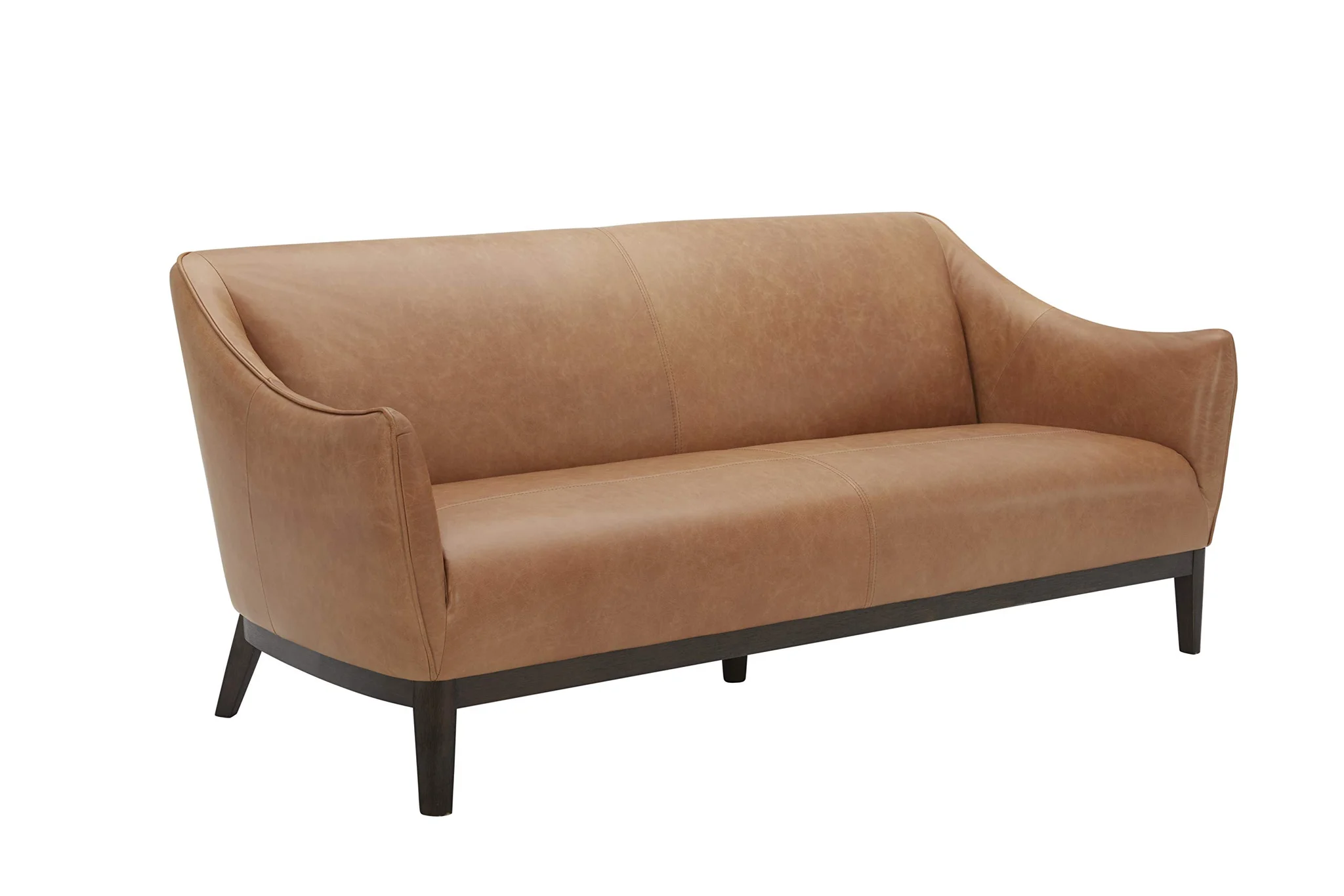 Contemporary Cognac Leather Sofa with Curved Back and Dark Wood Legs