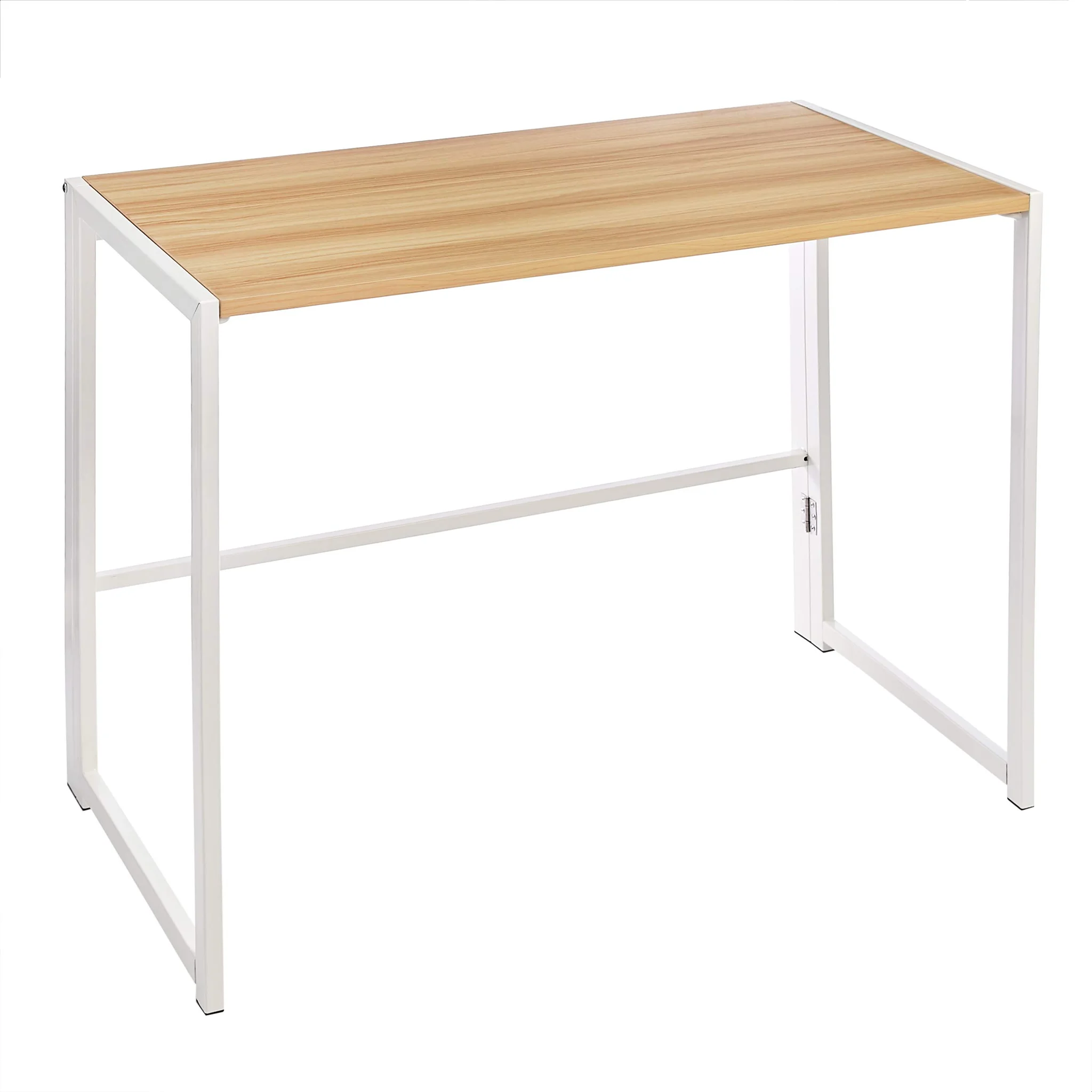 Modern Foldable Computer Desk with Oak Wood Top and White Metal Frame