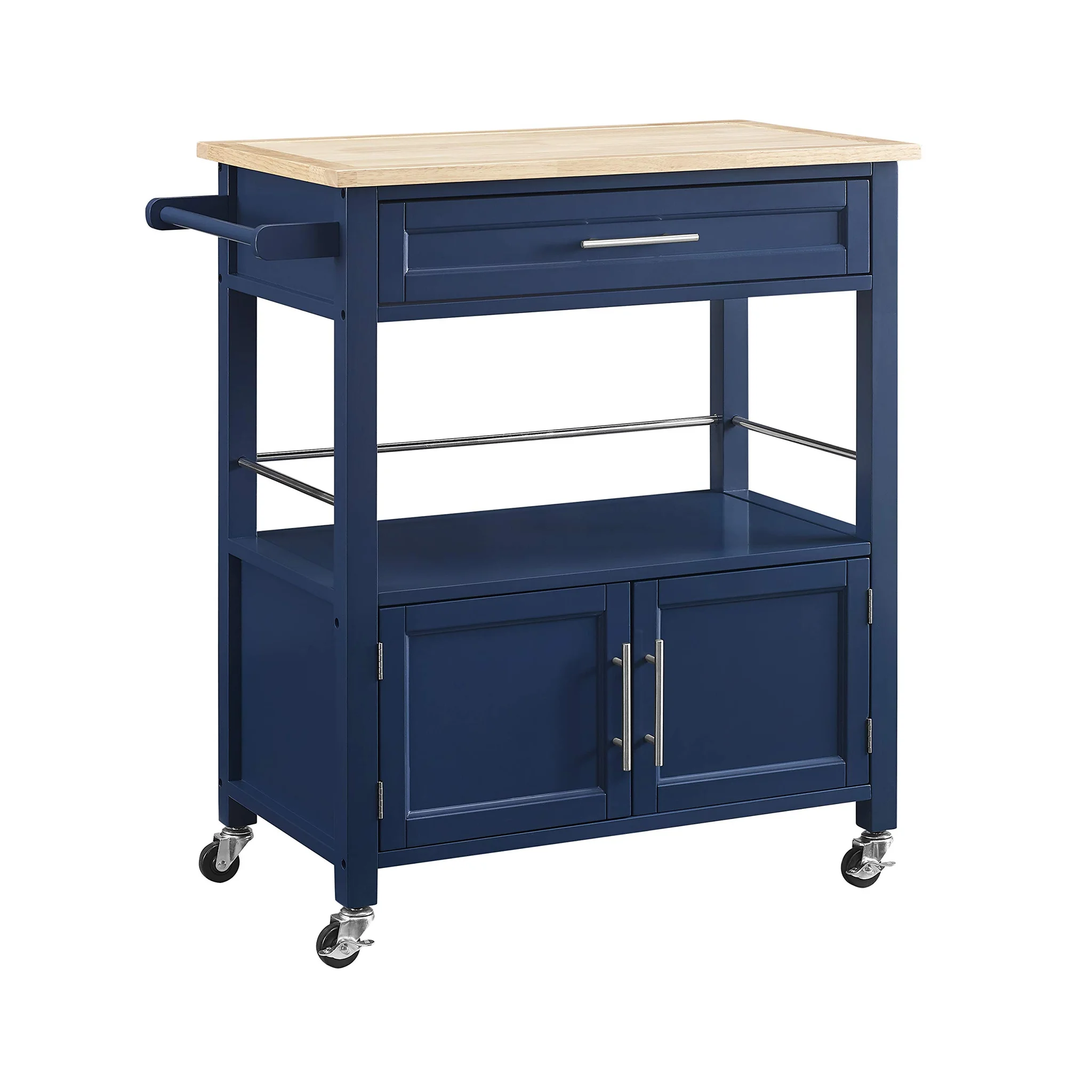 Navy Blue Kitchen Cart with Butcher Block Top and Storage