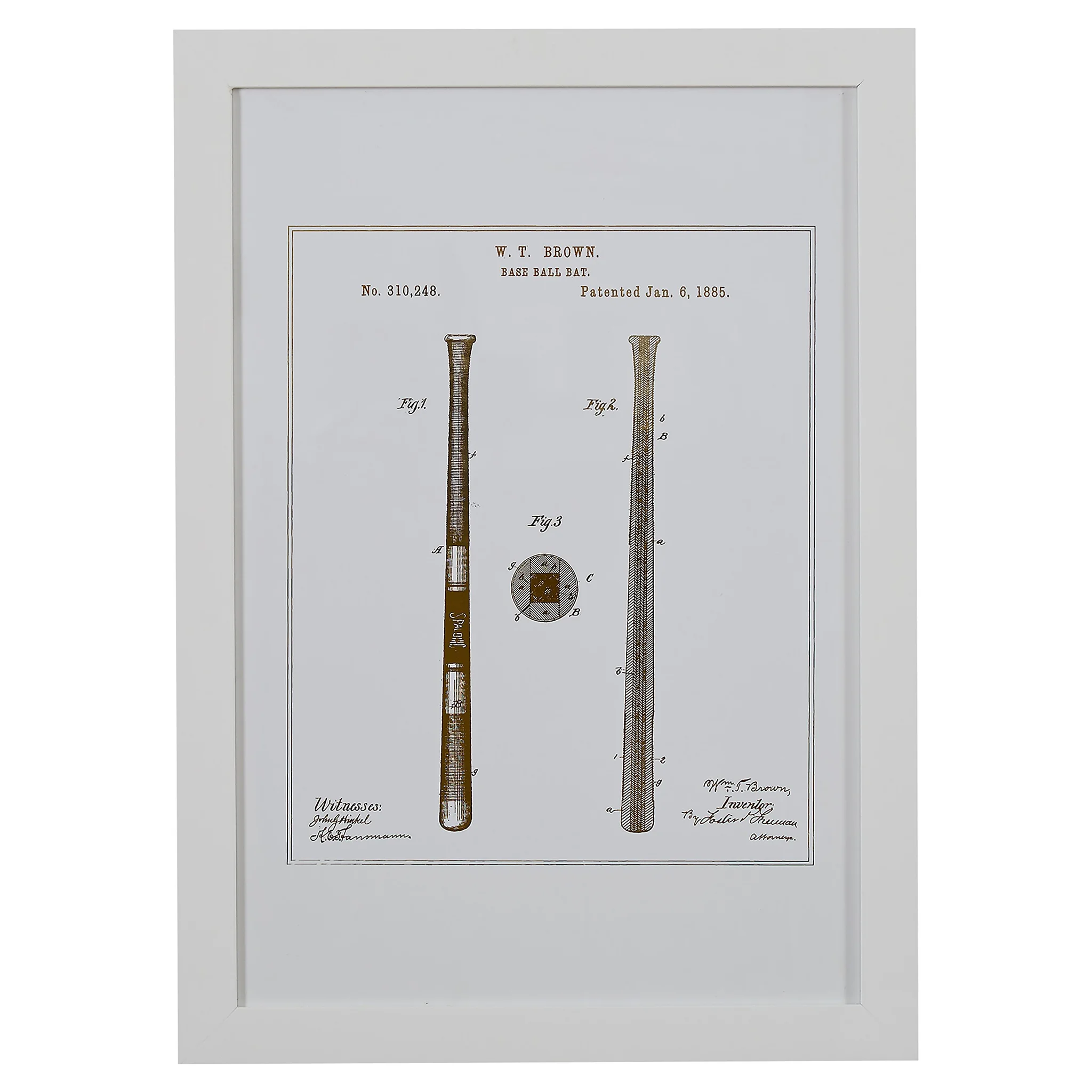 Framed 1885 Baseball Bat Patent Print Wall Art