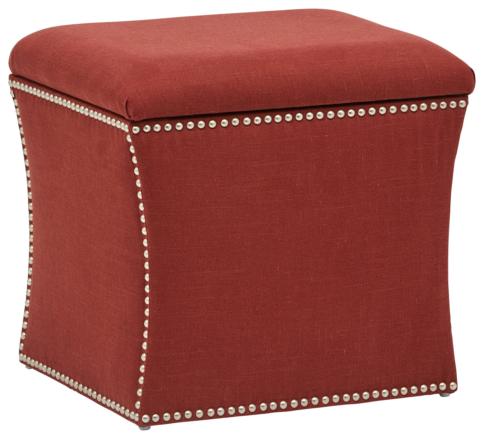 Studded Storage Ottoman – Red Linen Upholstery with Nailhead Trim