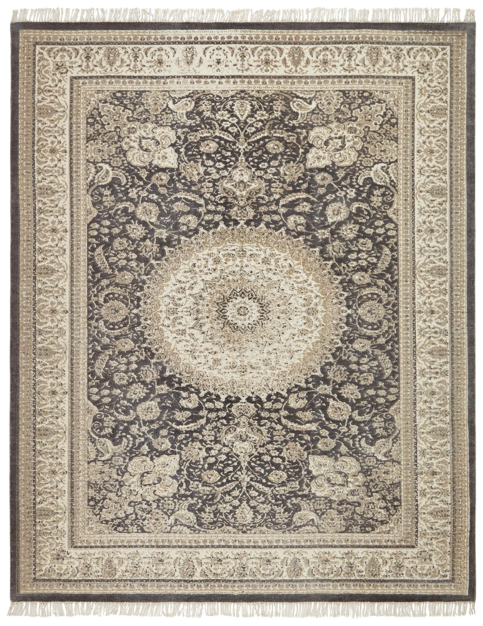 Persian Medallion Wool Area Rug – Charcoal & Ivory Classic Pattern
