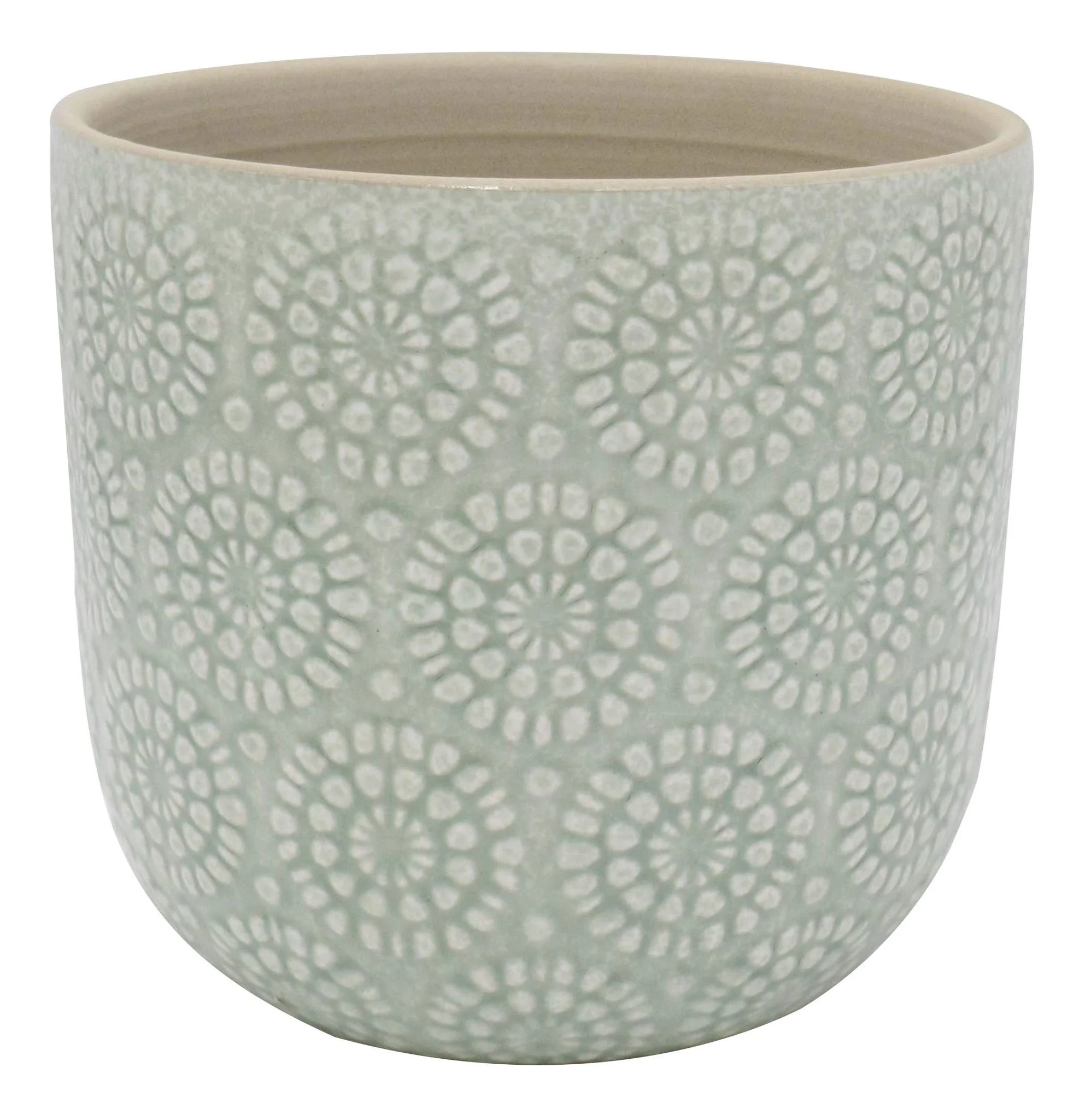 Ceramic Floral-Embossed Planter Pot – Seafoam Green Stoneware