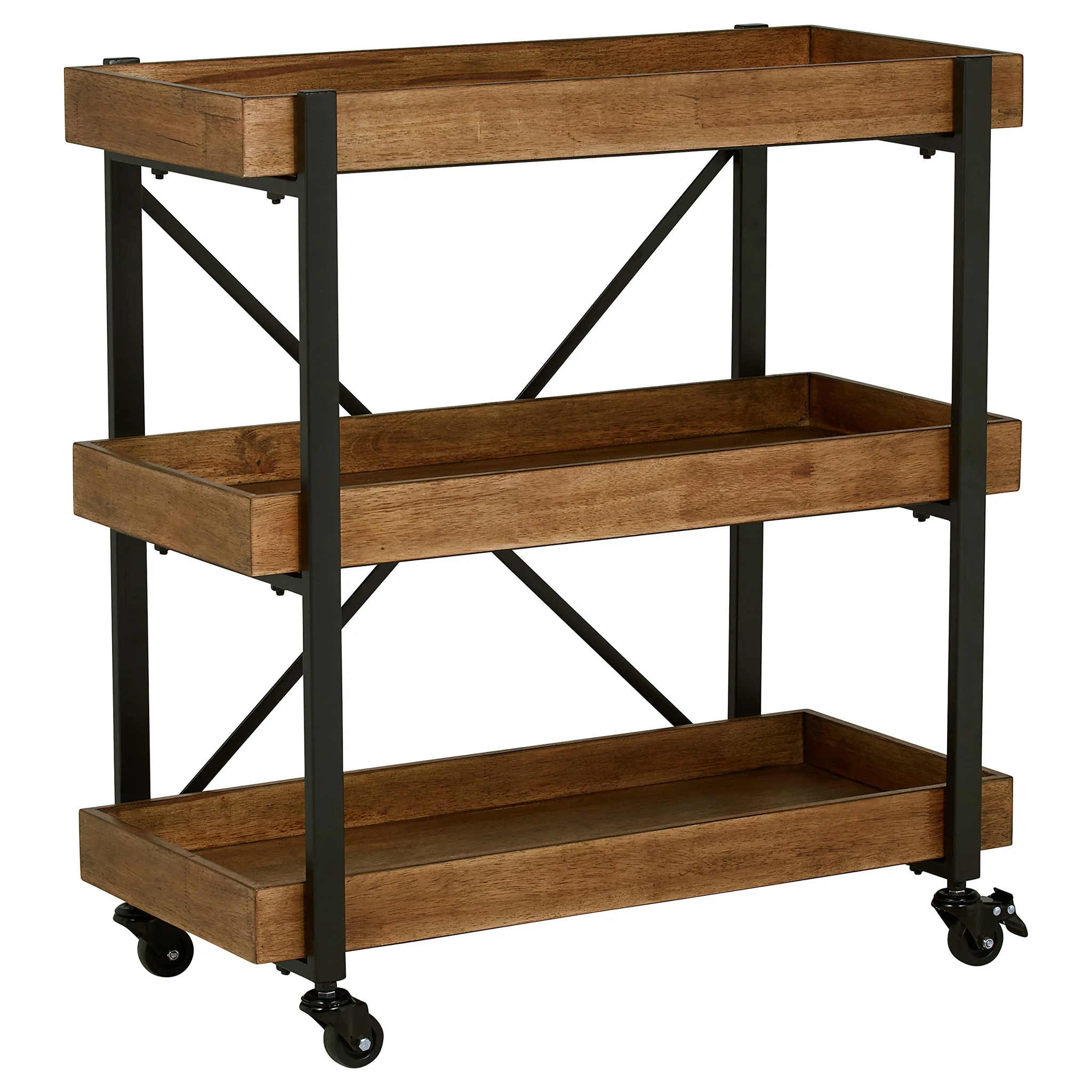 Industrial Rustic Rolling Bar Cart with Wood Shelves and Black Iron Frame