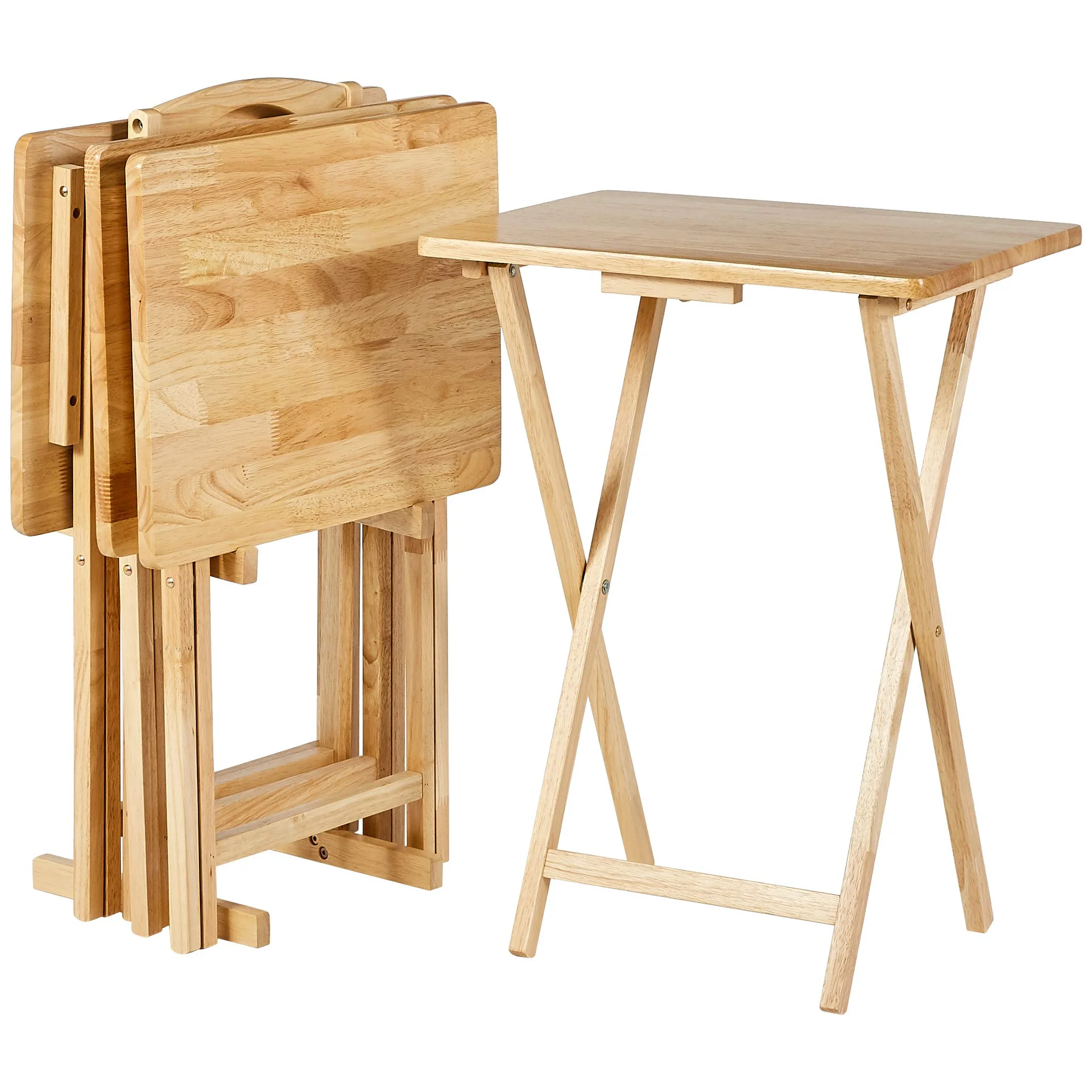 Wooden Folding TV Tray Tables Set with Storage Rack