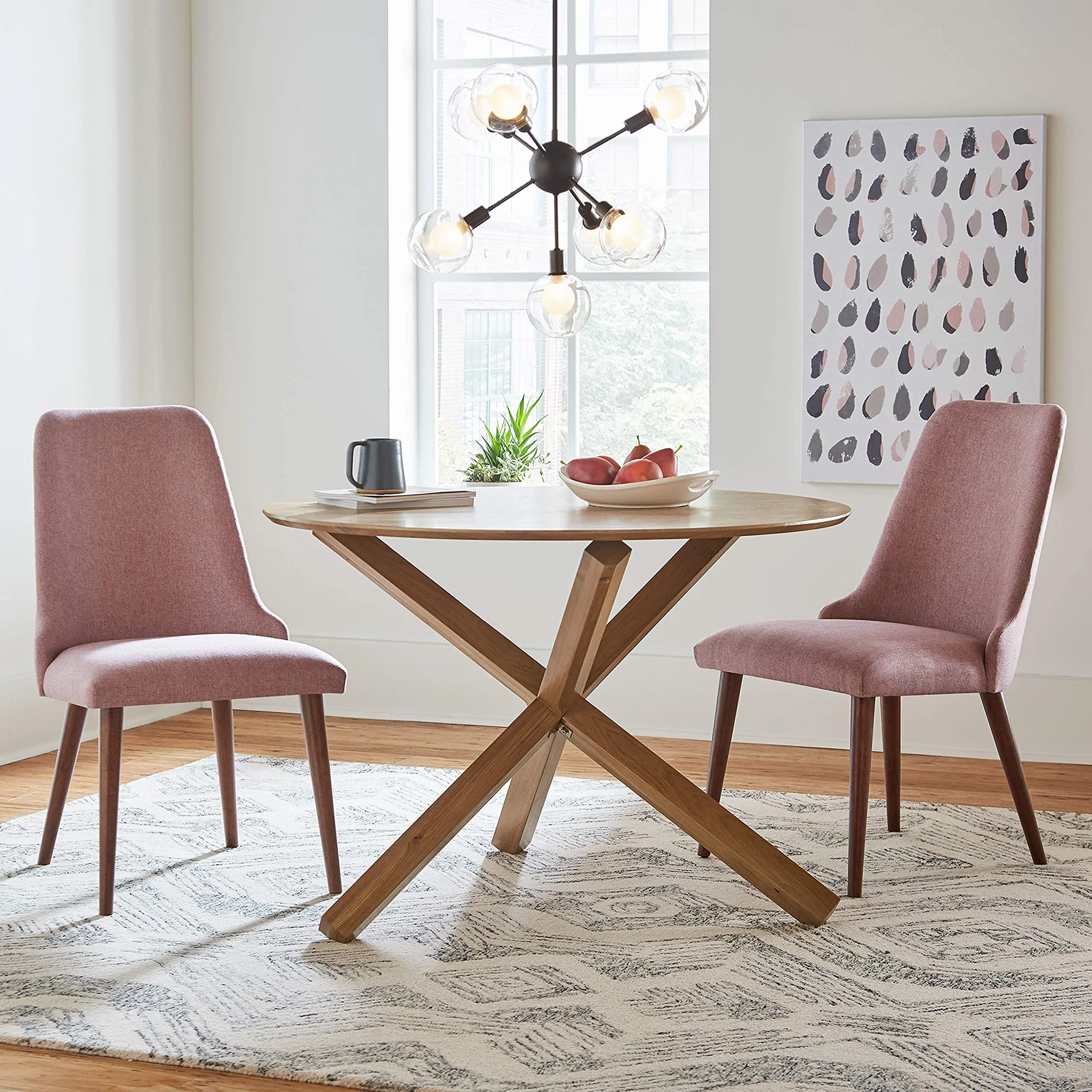 Mid-Century Modern Dining Set with Round Wood Table and Pink Upholstered Chairs