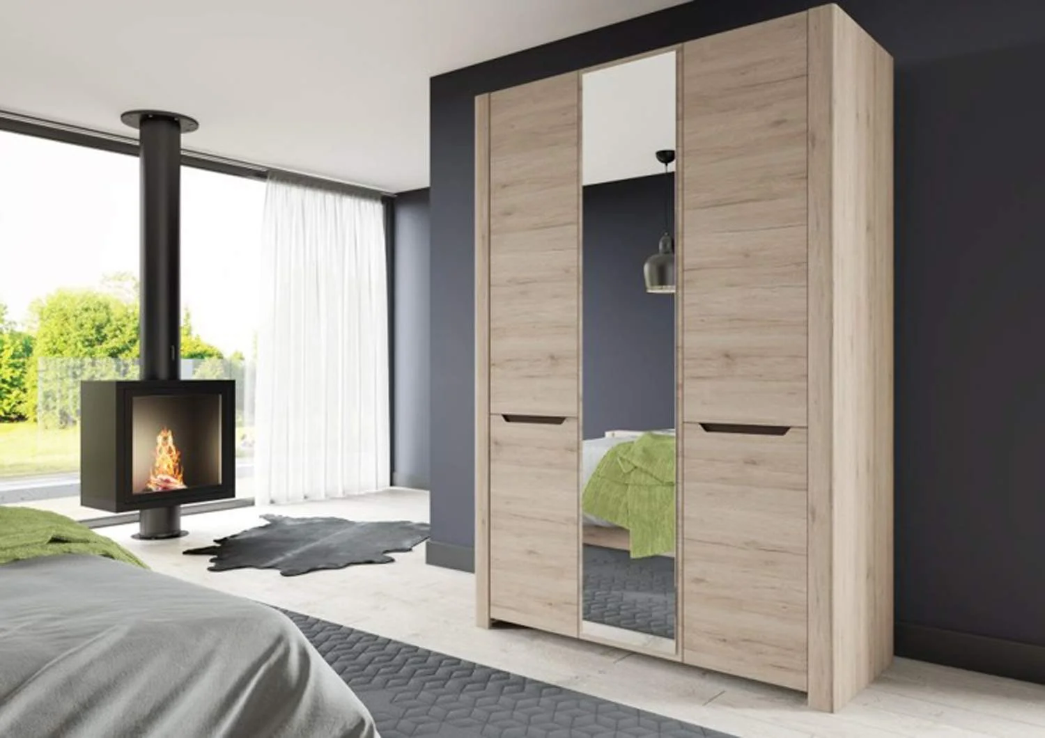 Modern 3-Door Wardrobe with Mirror – Oak Finish