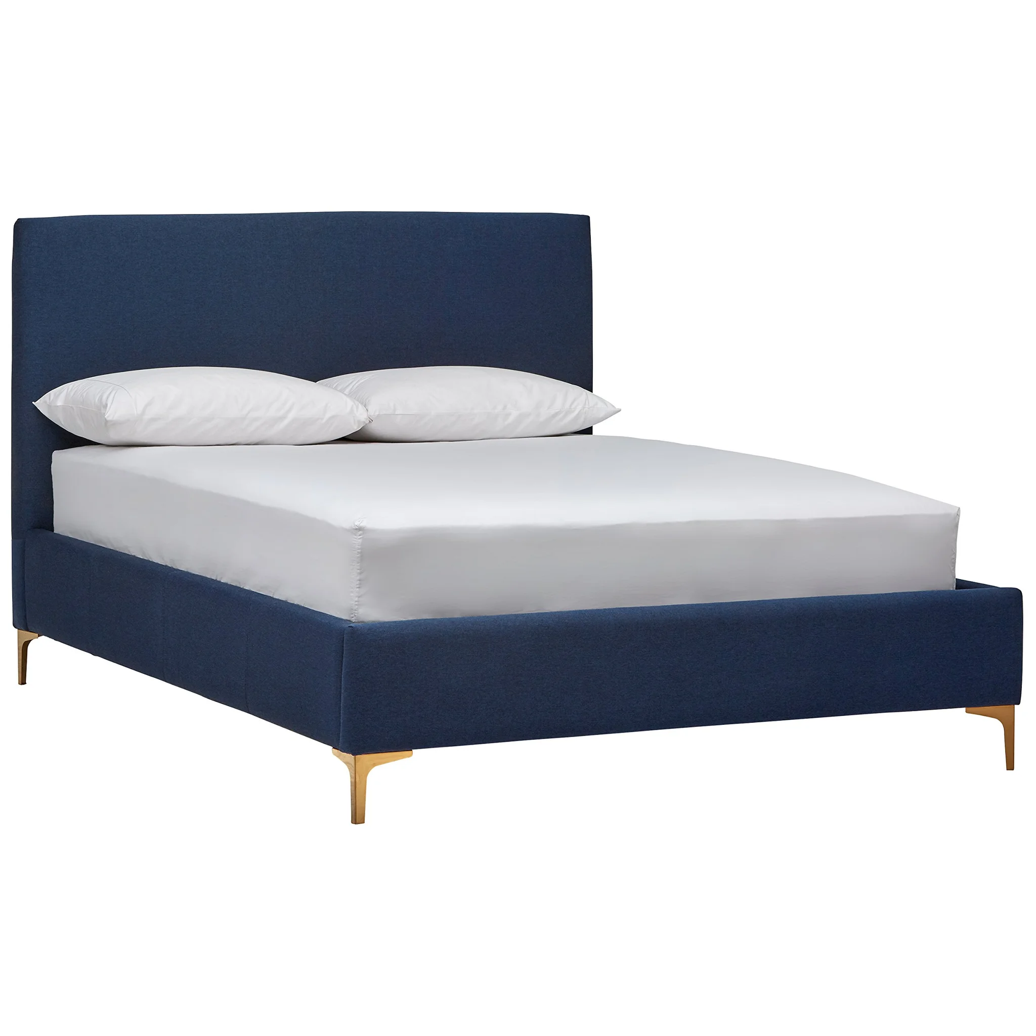 Modern Navy Blue Upholstered King Bed with Brushed Gold Legs