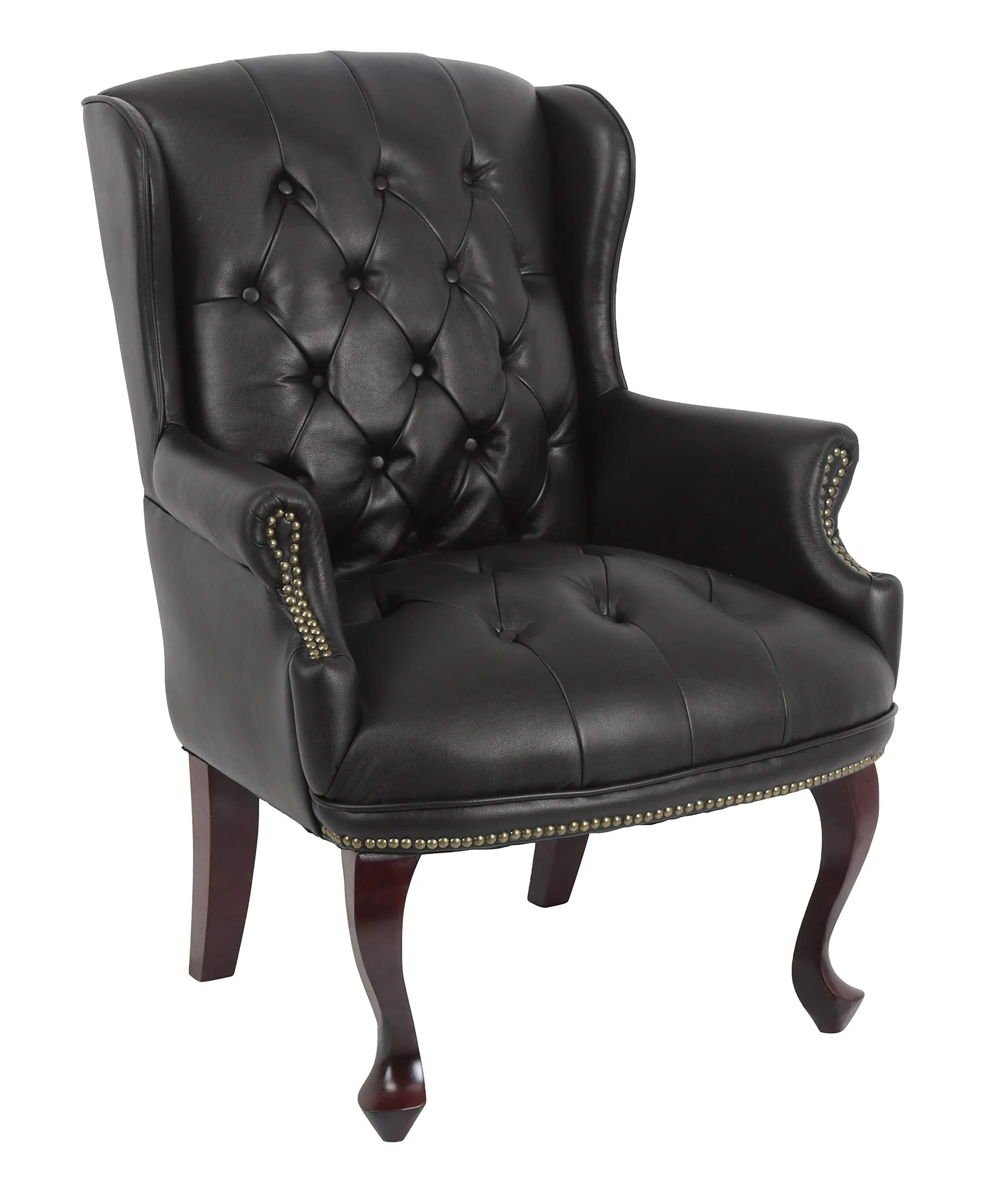 Black Tufted Leather Wingback Accent Chair with Nailhead Trim